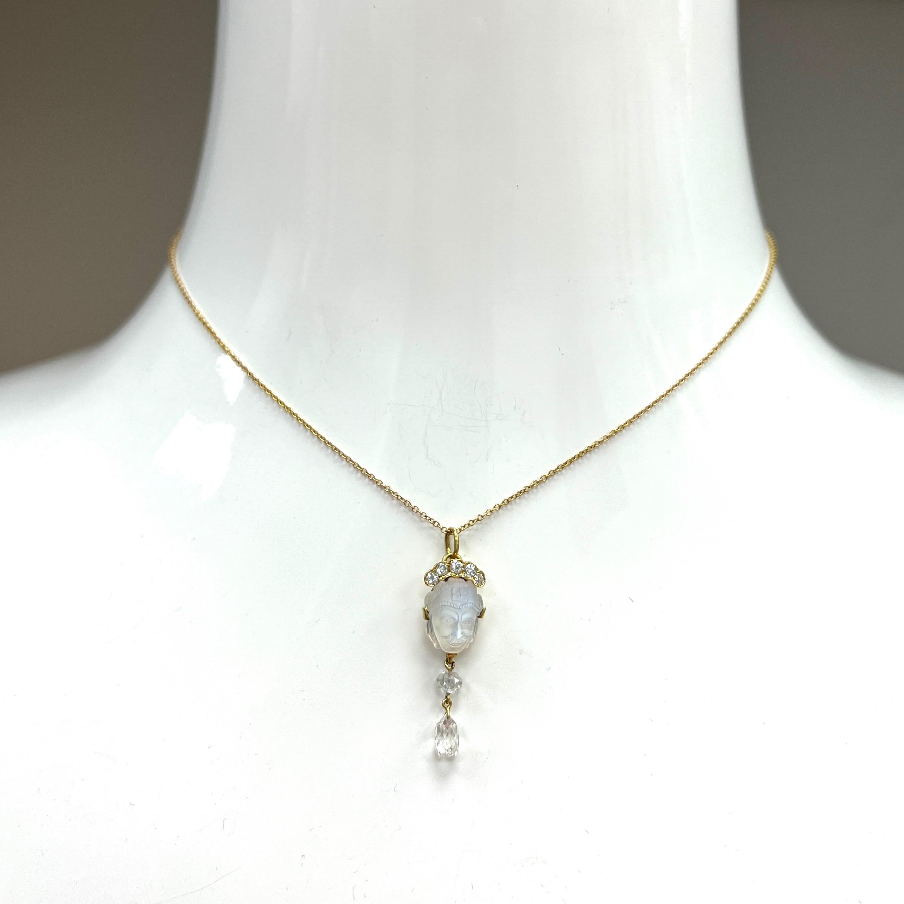 Antique Tiffany & Co. Moonstone Diamond Pendant Drop Necklace For Sale 3