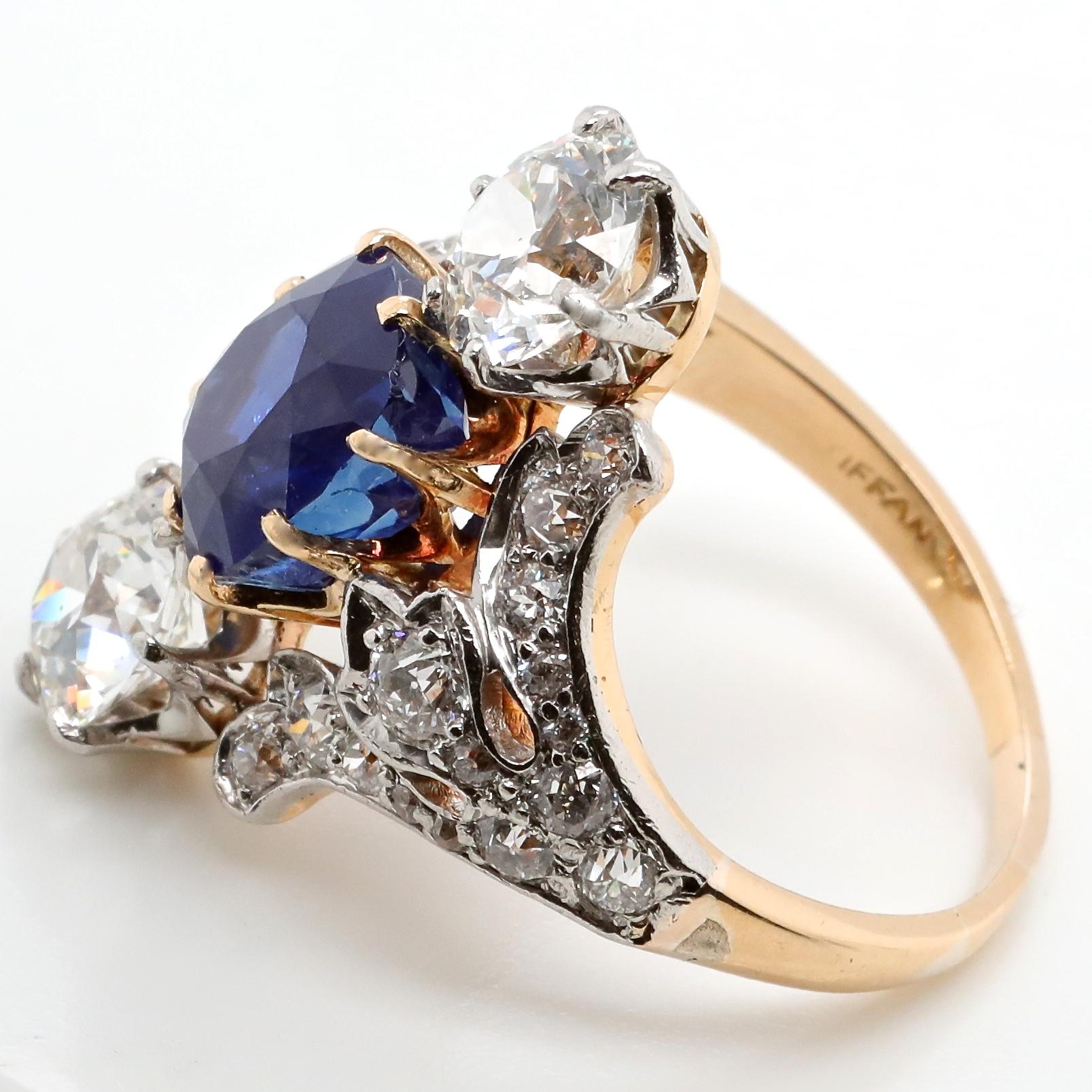 Cushion Cut Antique Tiffany & Co. 4.33 Carat Kashmir Sapphire No Heat Diamond 18K Gold Ring