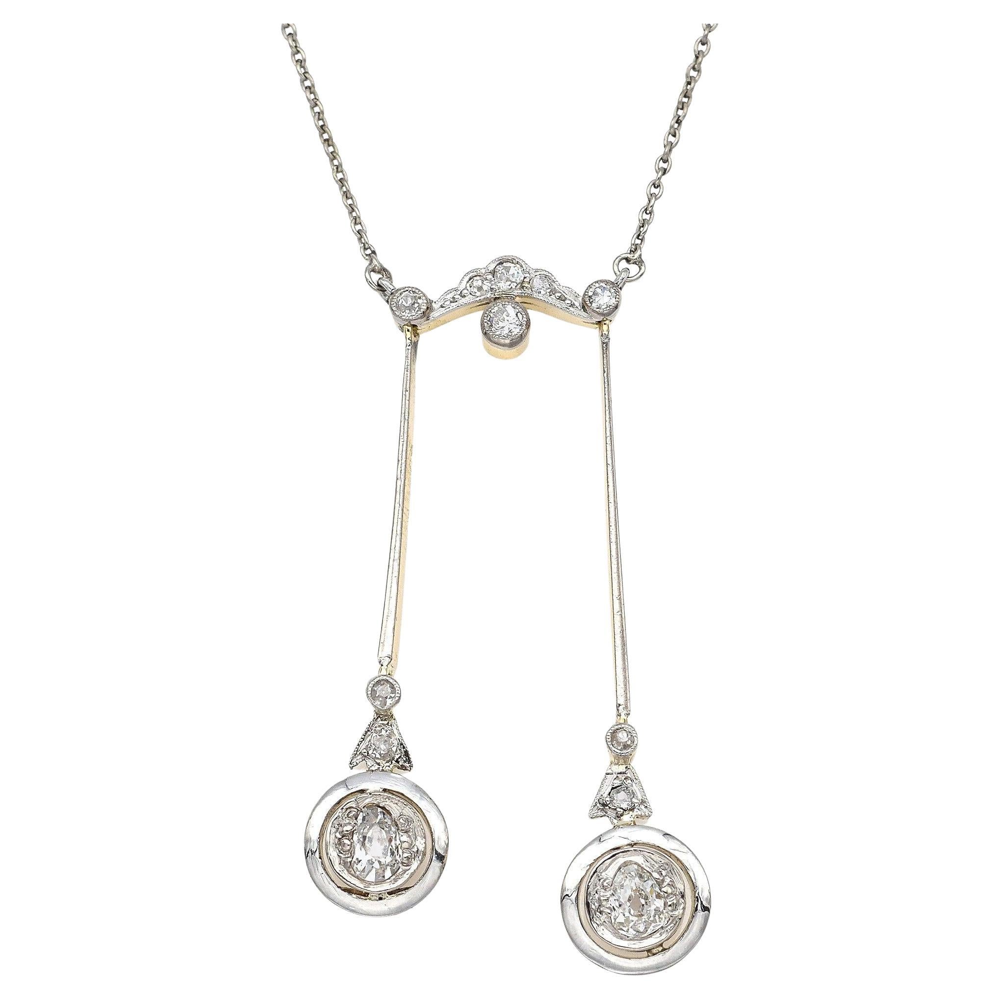 Antique Platinum and 14K Gold 0.59 TCW Diamond Pendant Necklace