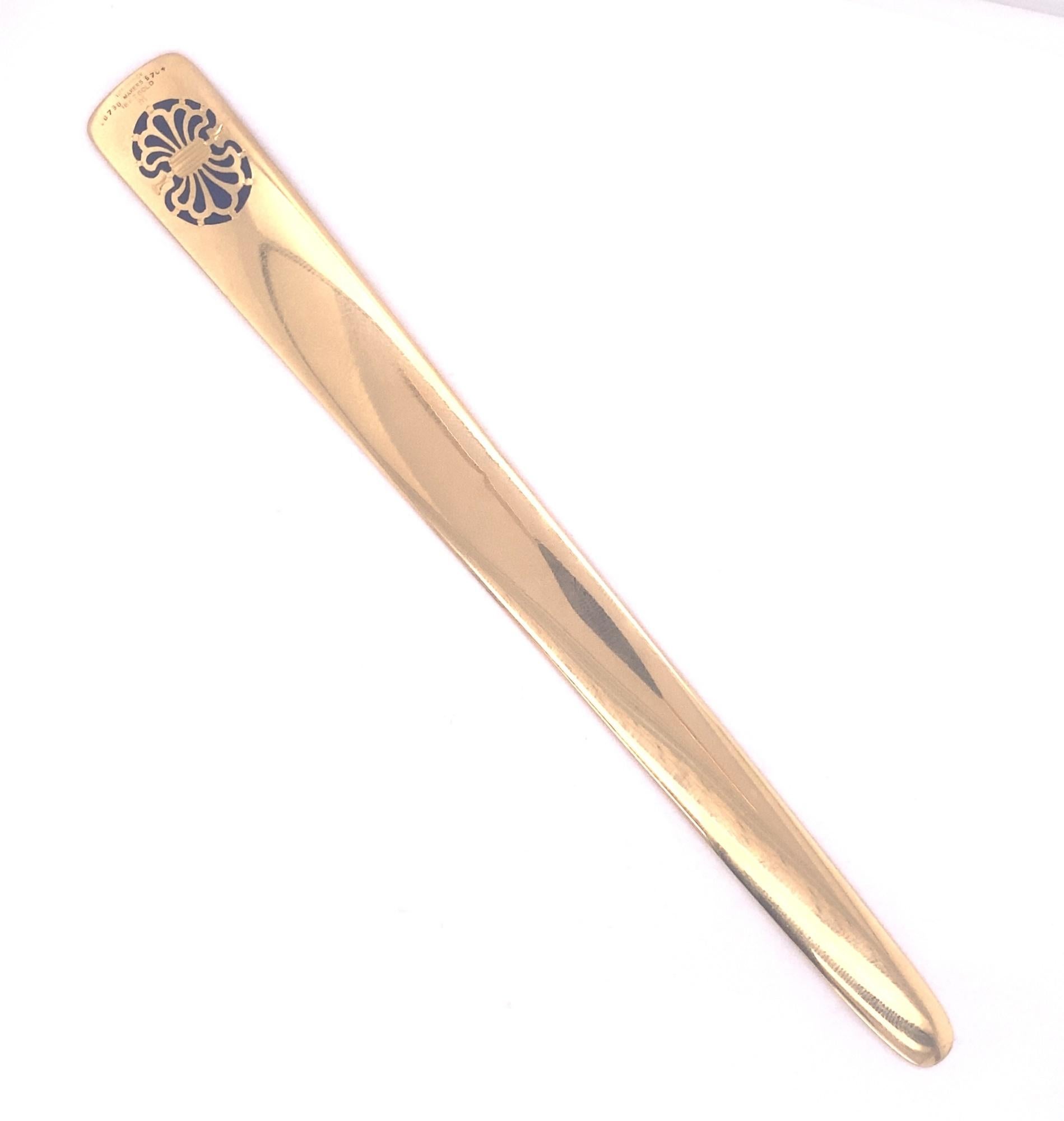 This is a stunning Antique 18K solid yellow gold letter opener with blue plique a jour design.  The top of the letter opener is marked Tiffany & Co #  18738 Makers 5704 18K Gold M, dating it c.1920.  The blue plique a jour art nouveau design is in