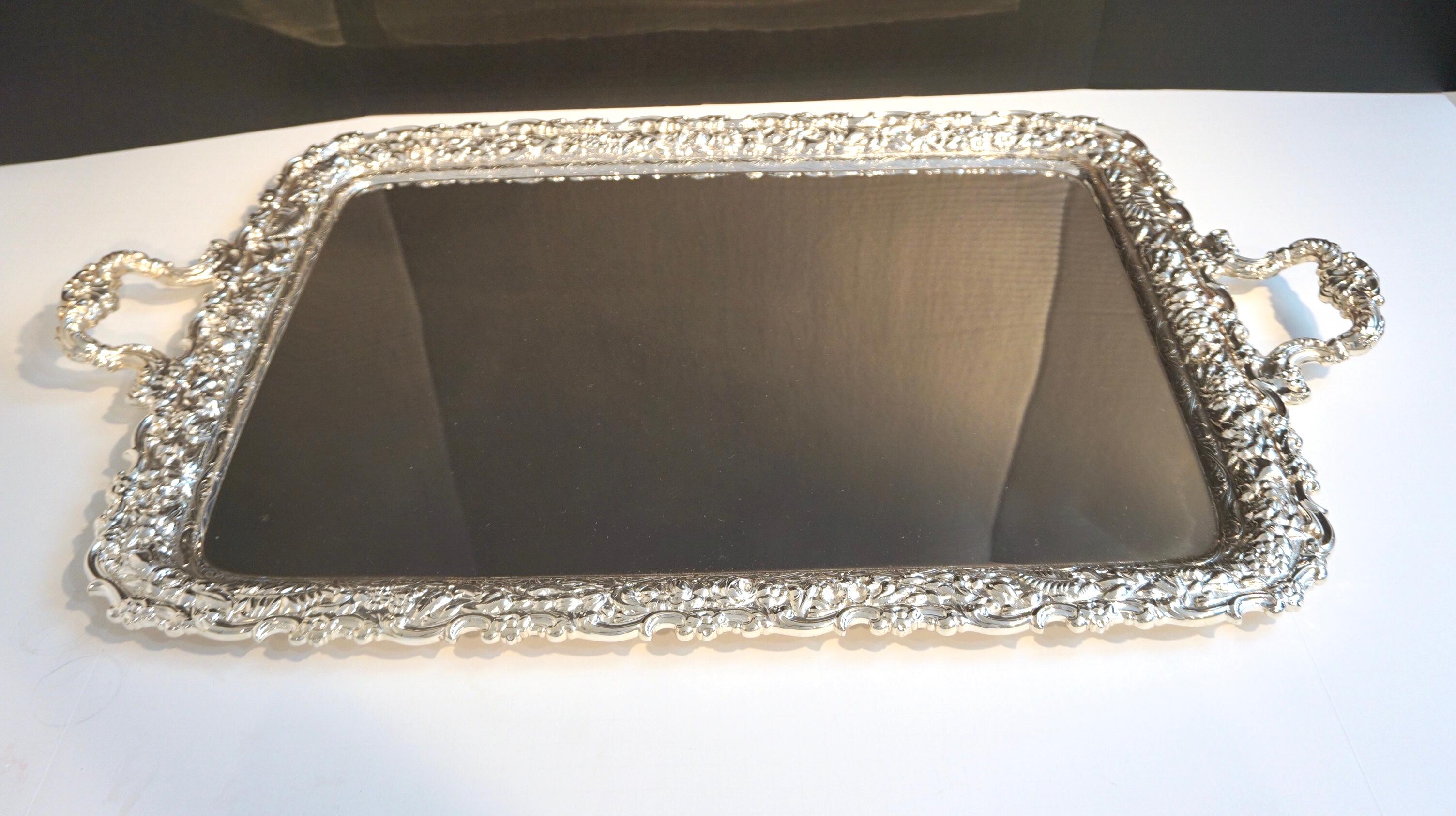 Antique Tiffany & Co. silver soldered repouse tray, triple mint condition, no monogram
Measures: Corner to corner 26.5