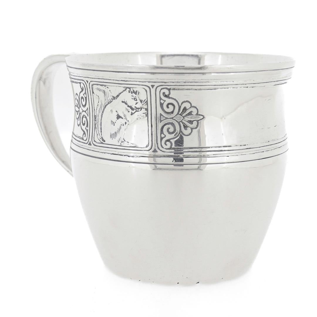 Art Deco Antique Tiffany & Co. Sterling Silver Child's Mug with a Squirrel & Bird For Sale