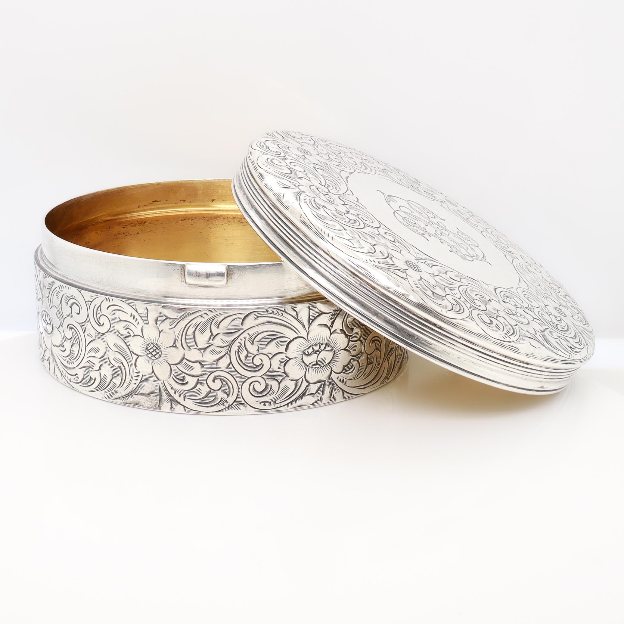 Antique Tiffany & Co. Sterling Silver Engraved Round Dresser Box For Sale 9