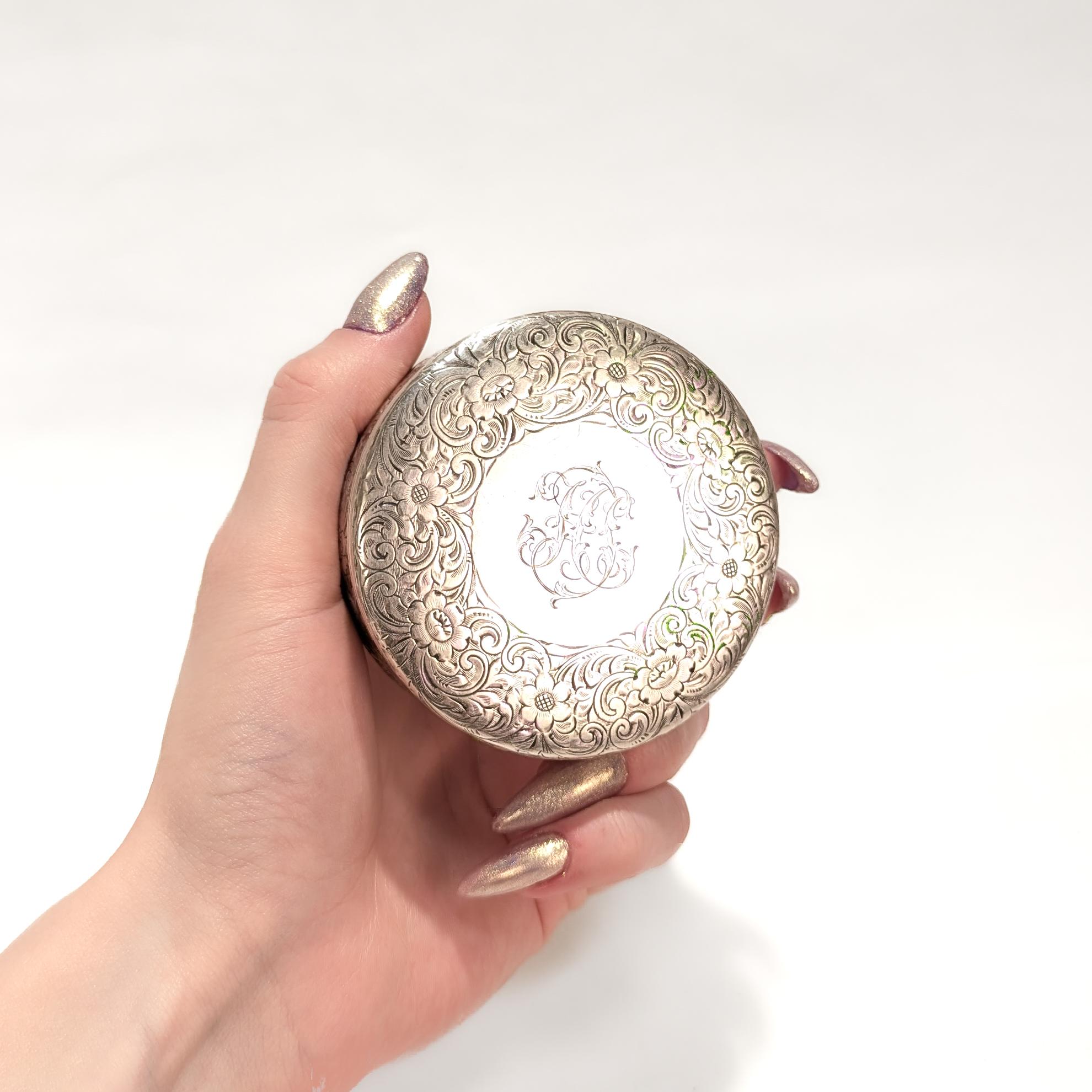 Edwardian Antique Tiffany & Co. Sterling Silver Engraved Round Dresser Box For Sale