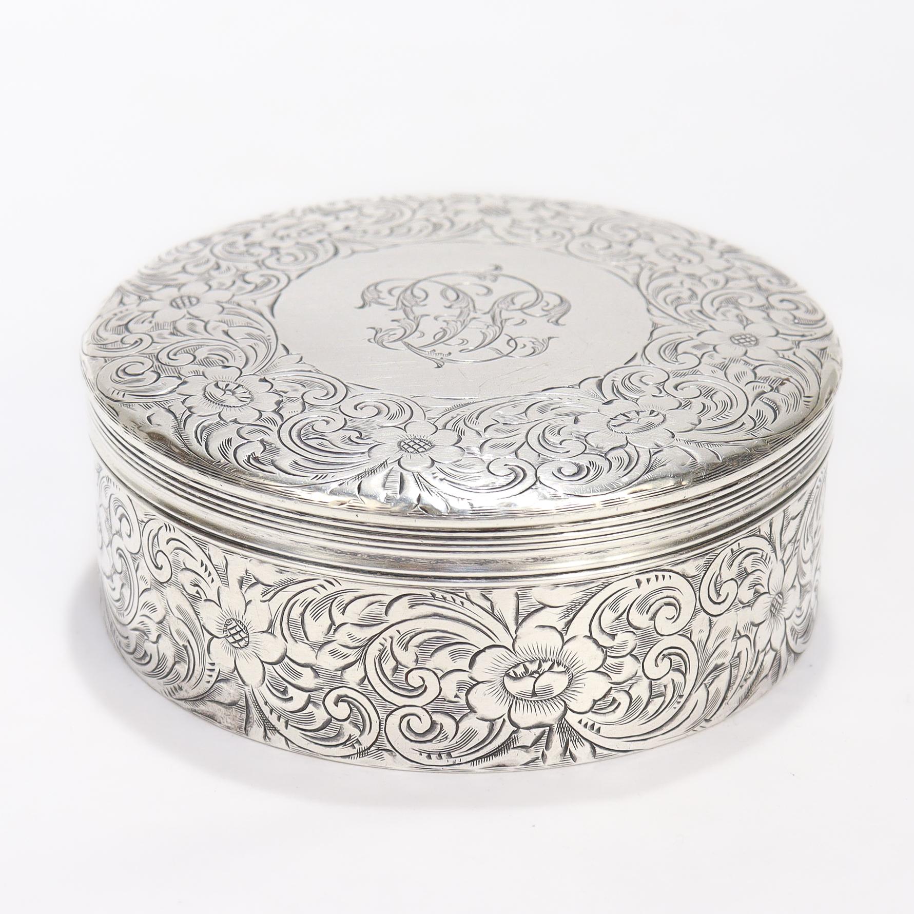 Antique Tiffany & Co. Sterling Silver Engraved Round Dresser Box In Good Condition For Sale In Philadelphia, PA