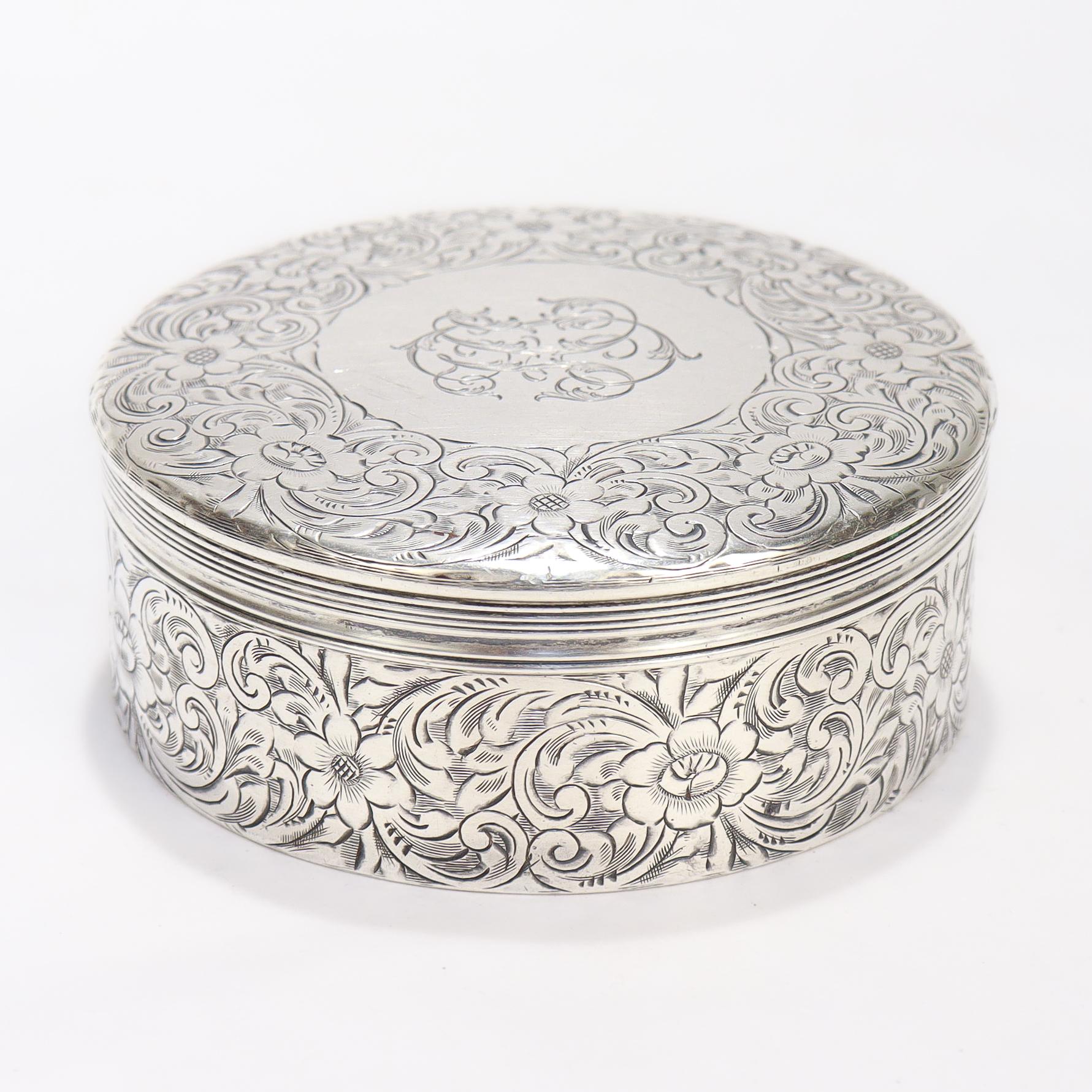 Antique Tiffany & Co. Sterling Silver Engraved Round Dresser Box For Sale 1