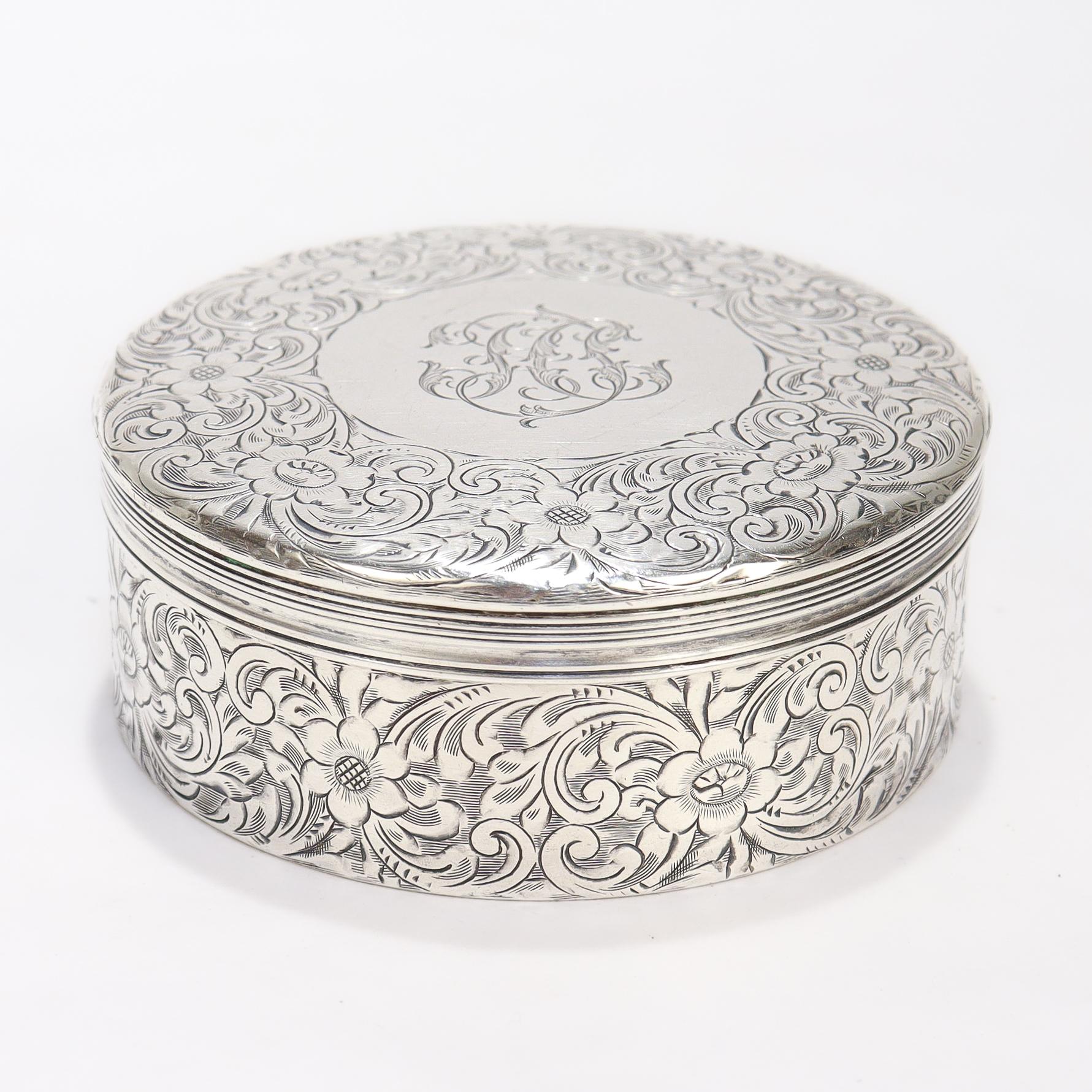 Antique Tiffany & Co. Sterling Silver Engraved Round Dresser Box For Sale 2