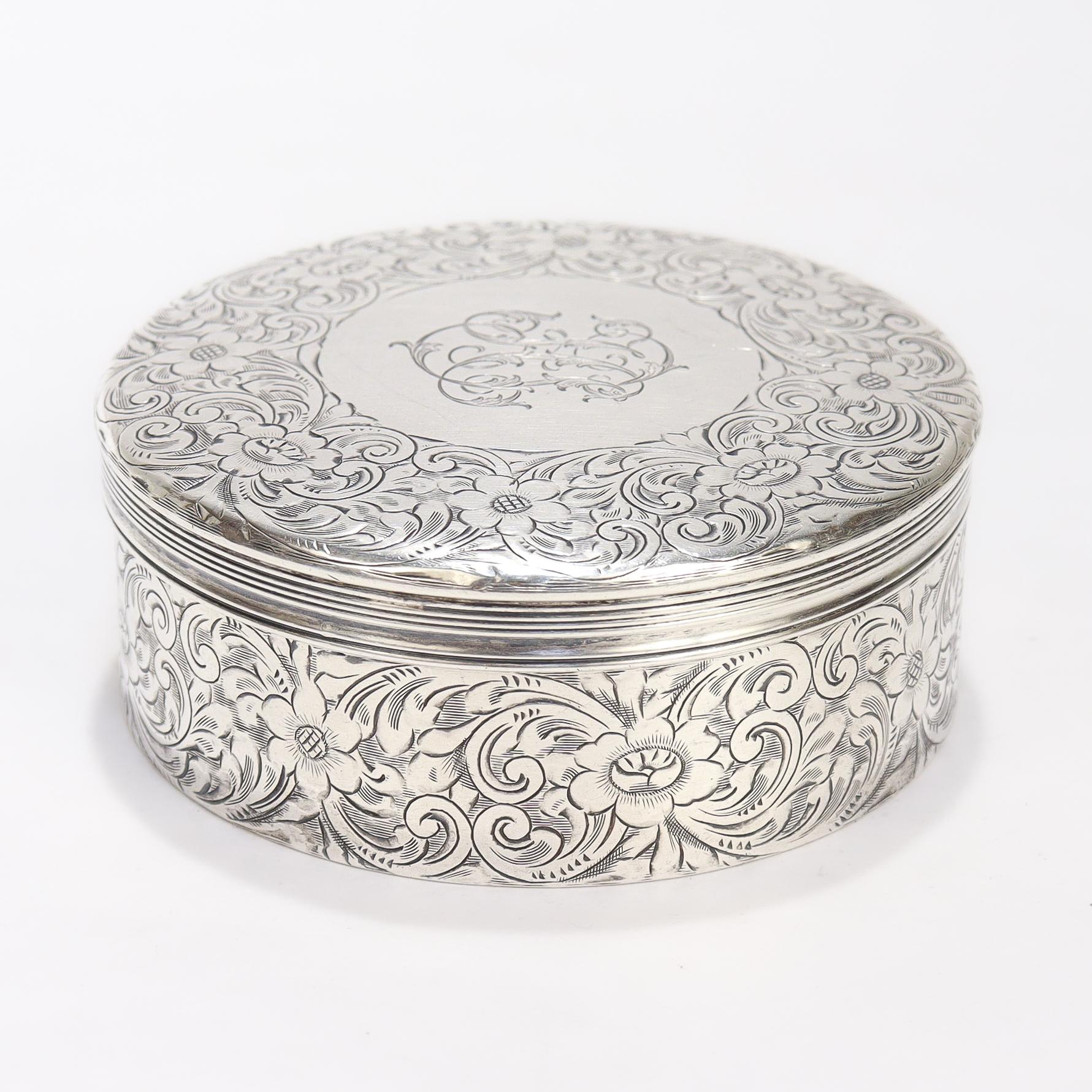 Antique Tiffany & Co. Sterling Silver Engraved Round Dresser Box For Sale 3