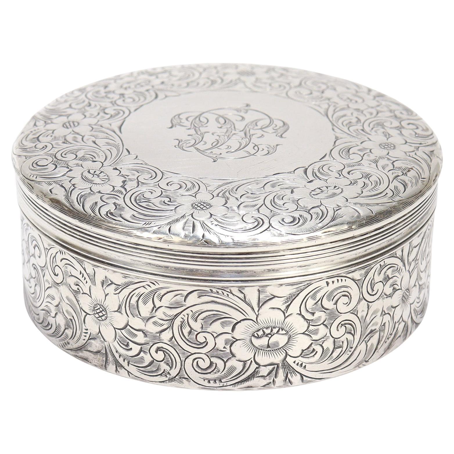 Antique Tiffany & Co. Sterling Silver Engraved Round Dresser Box