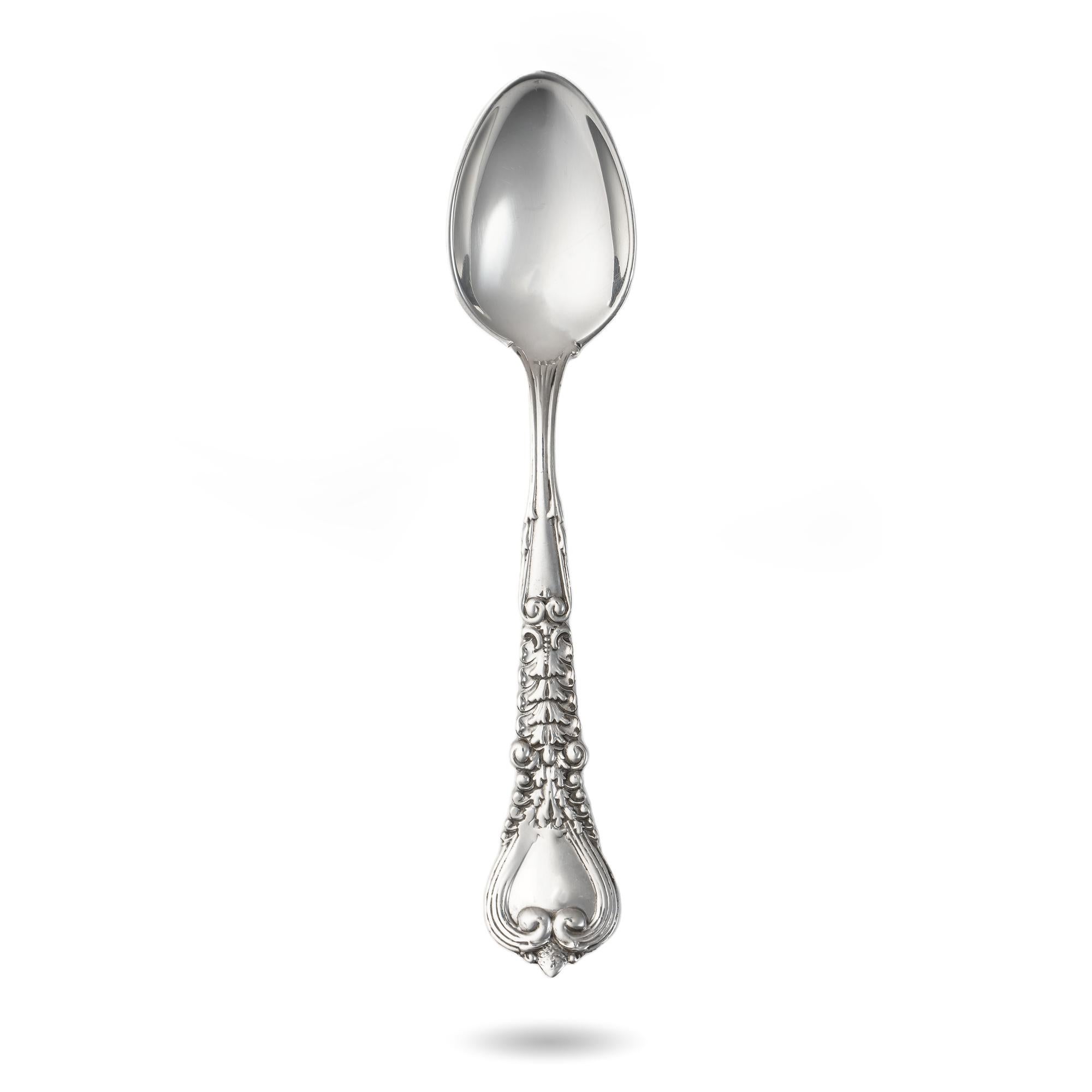 Antique Tiffany & Co. sterling silver Florentine pattern demitasse spoon

Maker: Tiffany & Co
Pattern: Designed by Paulding Farnham
Style: Renaissance Revival
Introduced 1900, but the patent application not filed until May 9, 1904, issued June