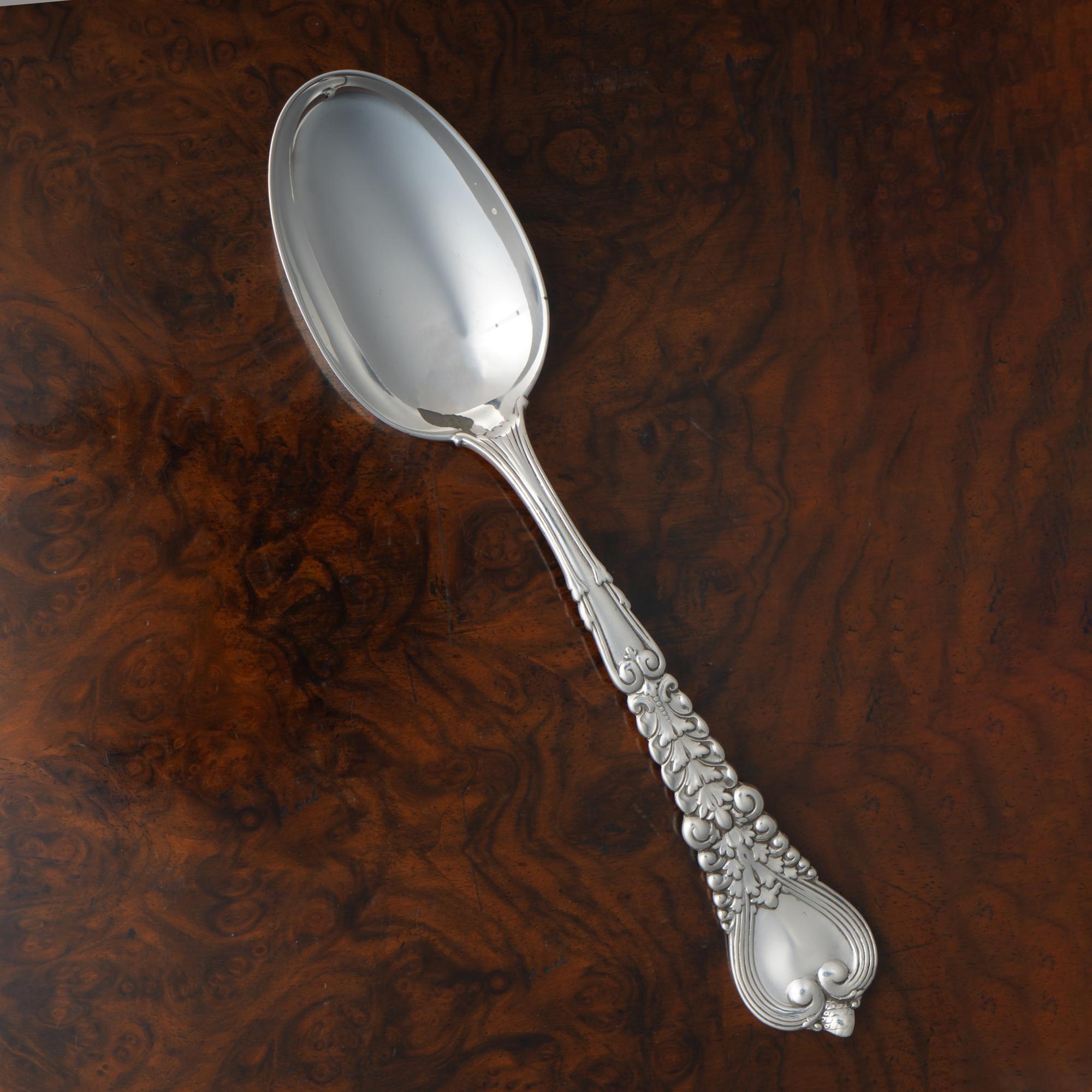 Antique Tiffany & Co. sterling silver Florentine pattern dessert spoon

Maker: Tiffany & Co
Pattern: Designed by Paulding Farnham
Style: Renaissance Revival
Introduced 1900, but the patent application not filed until May 9, 1904, issued June 7,