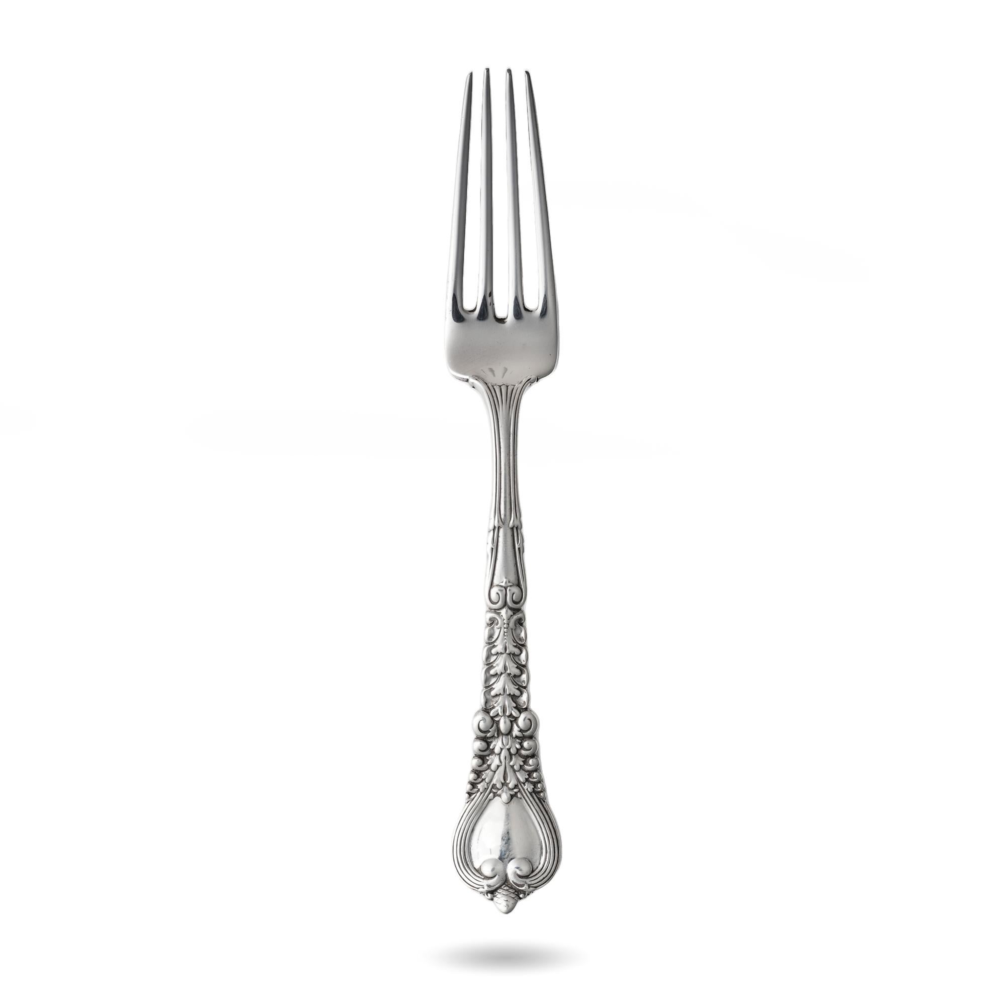 Antique Tiffany & Co. sterling silver Florentine pattern fork. 

Maker: Tiffany & Co
Pattern: Designed by Paulding Farnham
Style: Renaissance Revival
Introduced 1900, but the patent application not filed until May 9, 1904, issued June 7,