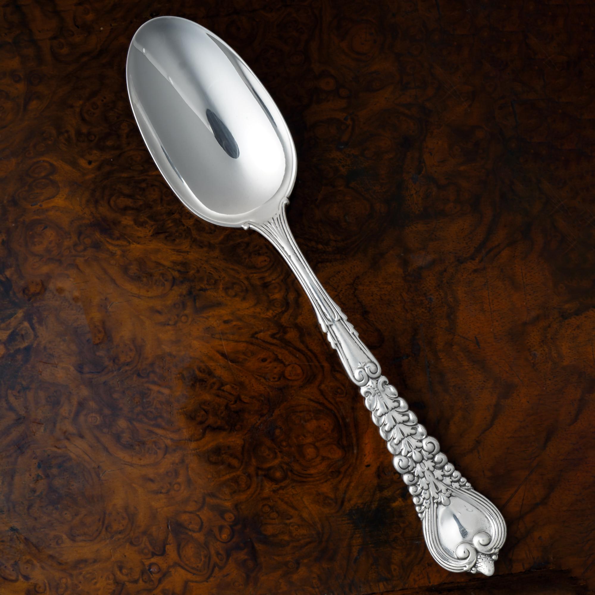 Antique Tiffany & Co. sterling silver Florentine pattern large spoon. 

Maker: Tiffany & Co
Pattern: Designed by Paulding Farnham
Style: Renaissance Revival
Introduced 1900, but the patent application not filed until May 9, 1904, issued June 7,