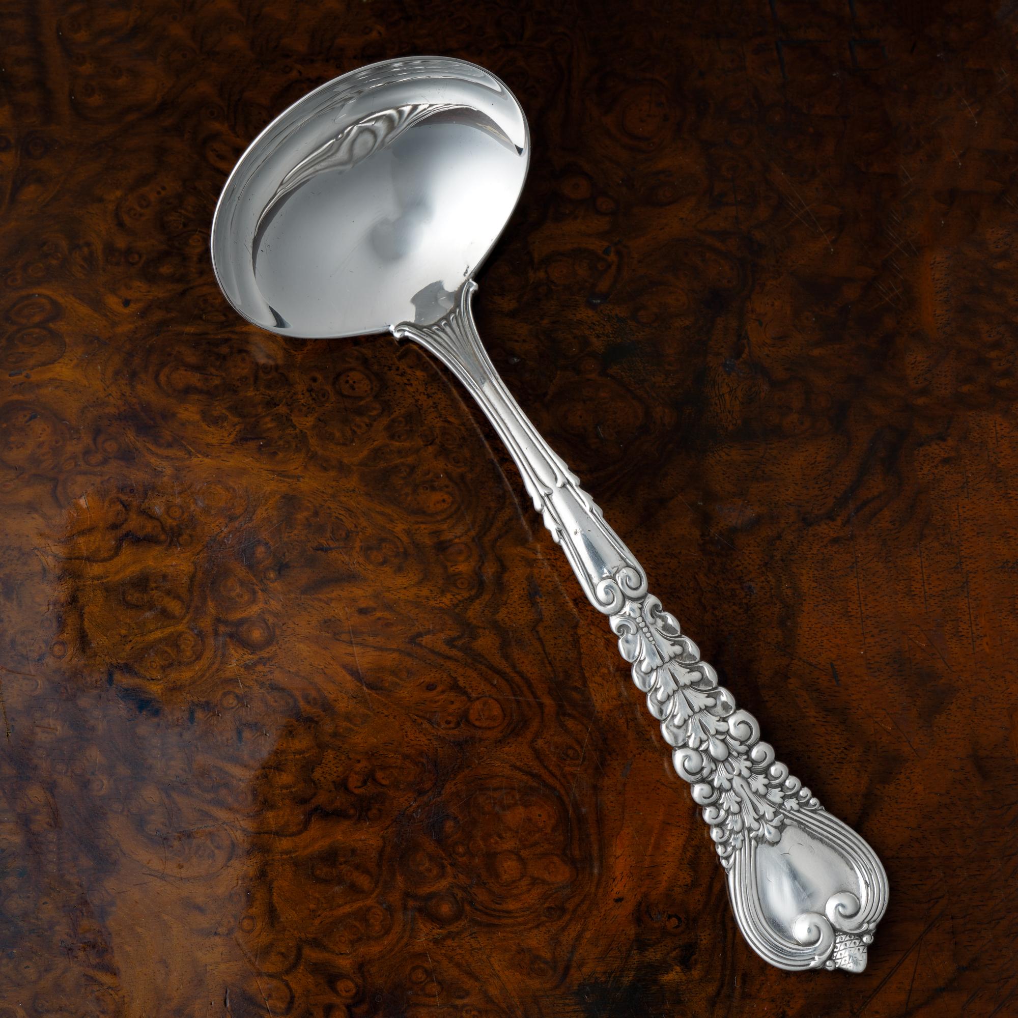 Antique Tiffany & Co. sterling silver Florentine pattern sauce ladle

Maker: Tiffany & Co
Pattern: Designed by Paulding Farnham
Style: Renaissance Revival
Introduced 1900, but the patent application not filed until May 9, 1904, issued June 7,