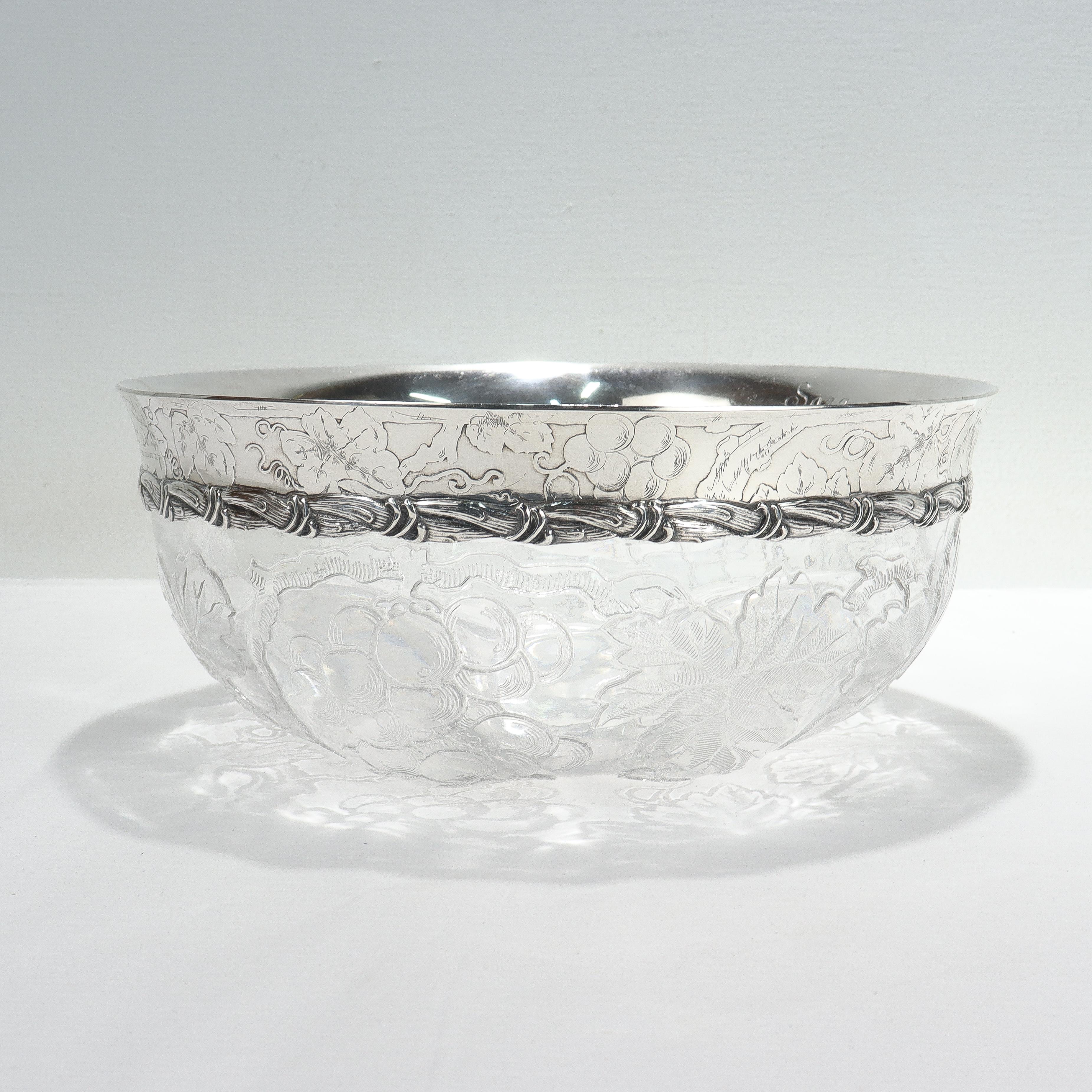 20th Century Antique Tiffany & Co. Sterling Silver Mounted 'Rock Crystal' Cut Glass Bowl