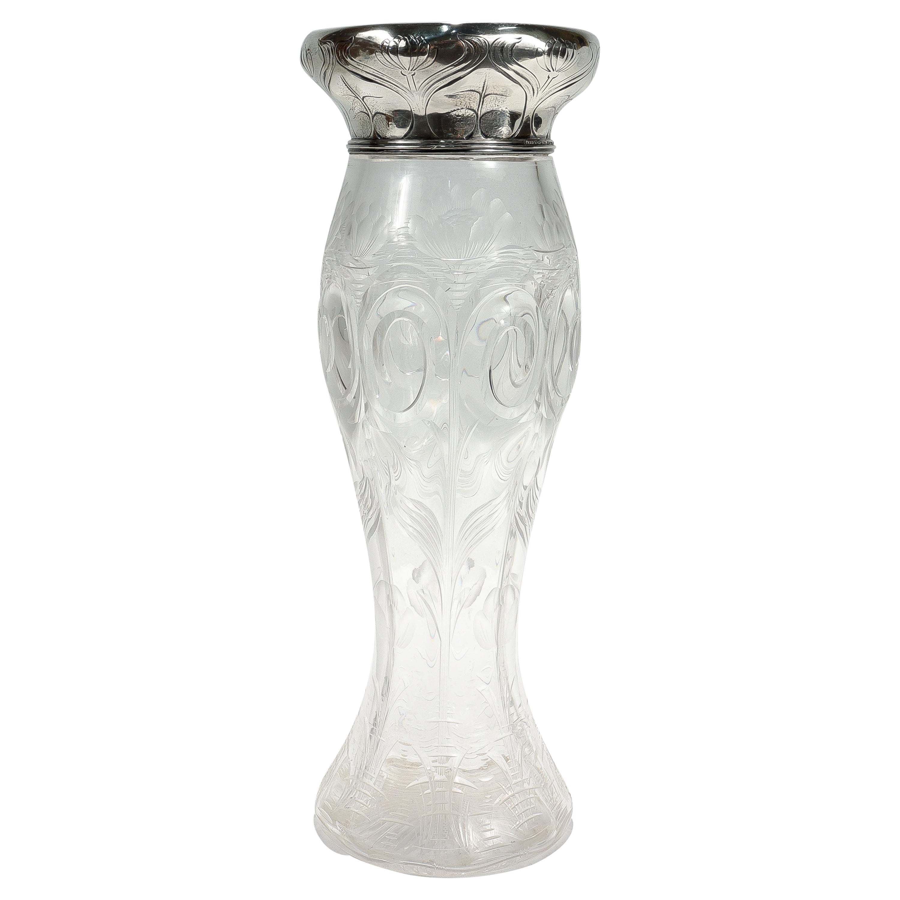 Antique Tiffany 
Co Sterling Silver Mounted 
Rock Crystal
 Cut Glass Vase