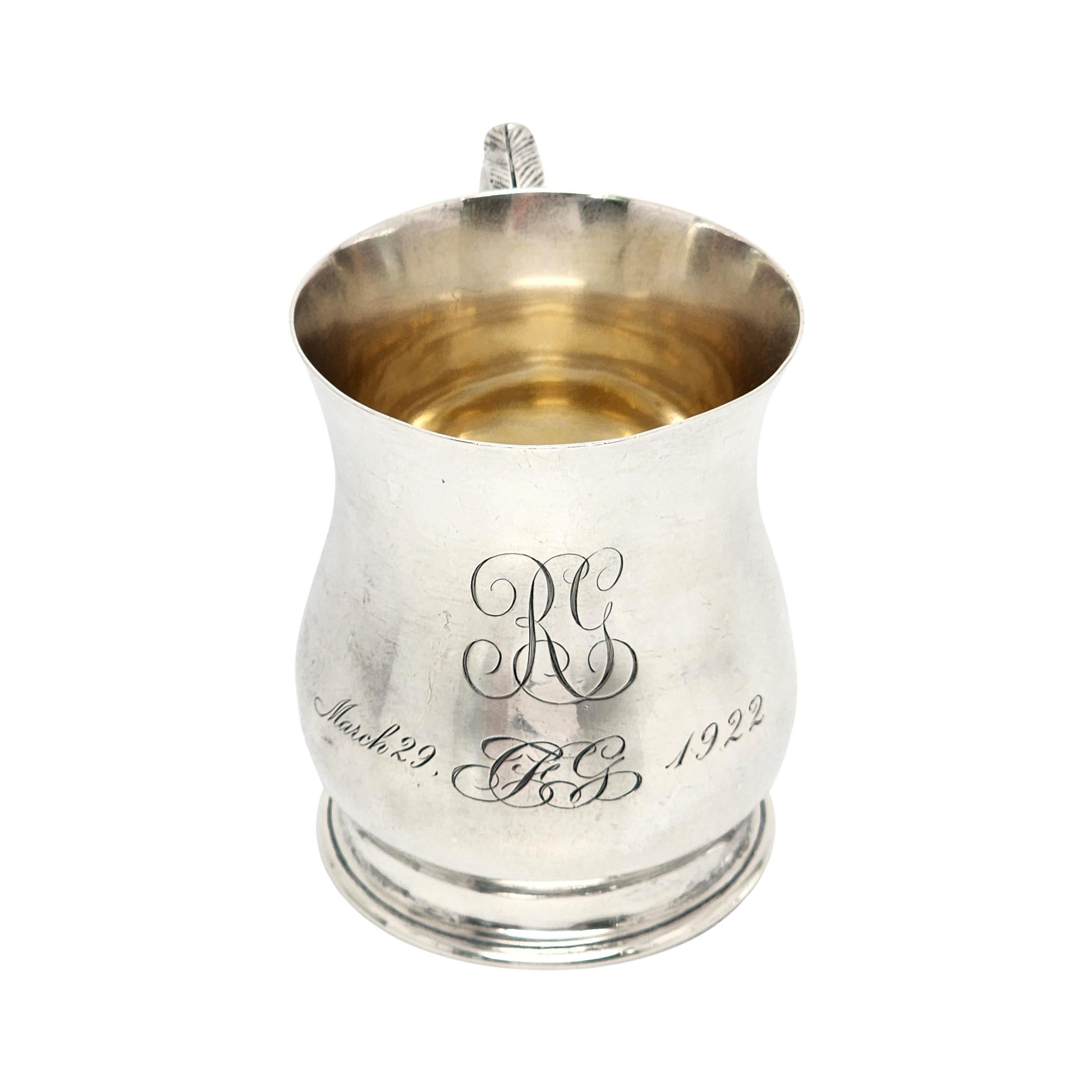 Tiffany & Co sterling silver tankard cup/mug with monogram and engraving.

Monogram appears to be RG with engraving March 29 CFG 1922

This traditional tankard features a traditional Georgian style body with a scroll handle topped with a feather