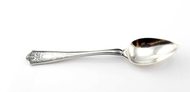 Antique sterling silver grapefruit spoon by Tiffany & Co in the Winthrop pattern, circa 1909. Monogram appears to be M.

Beautiful spoon with a pointed bowl. The Winthrop pattern featuring raised edges, laurel garlands and fruit basket