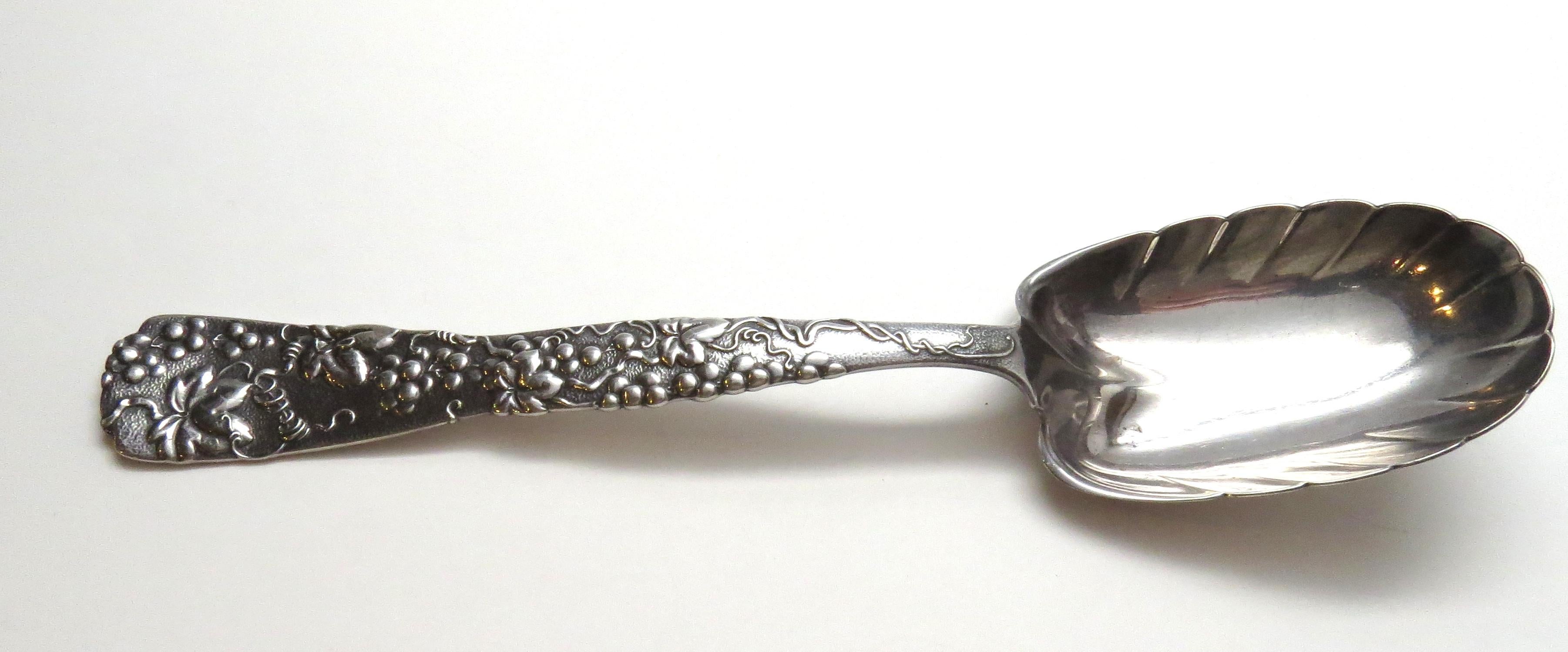 Antique Tiffany & Co. vine sterling silver Berry 1872 Preserve spoon. Presented is a nice antique Tiffany and Company sterling silver serving spoon. This spoon is done in the Vine pattern. The bowl of the spoon has a scallop edge. This is a good
