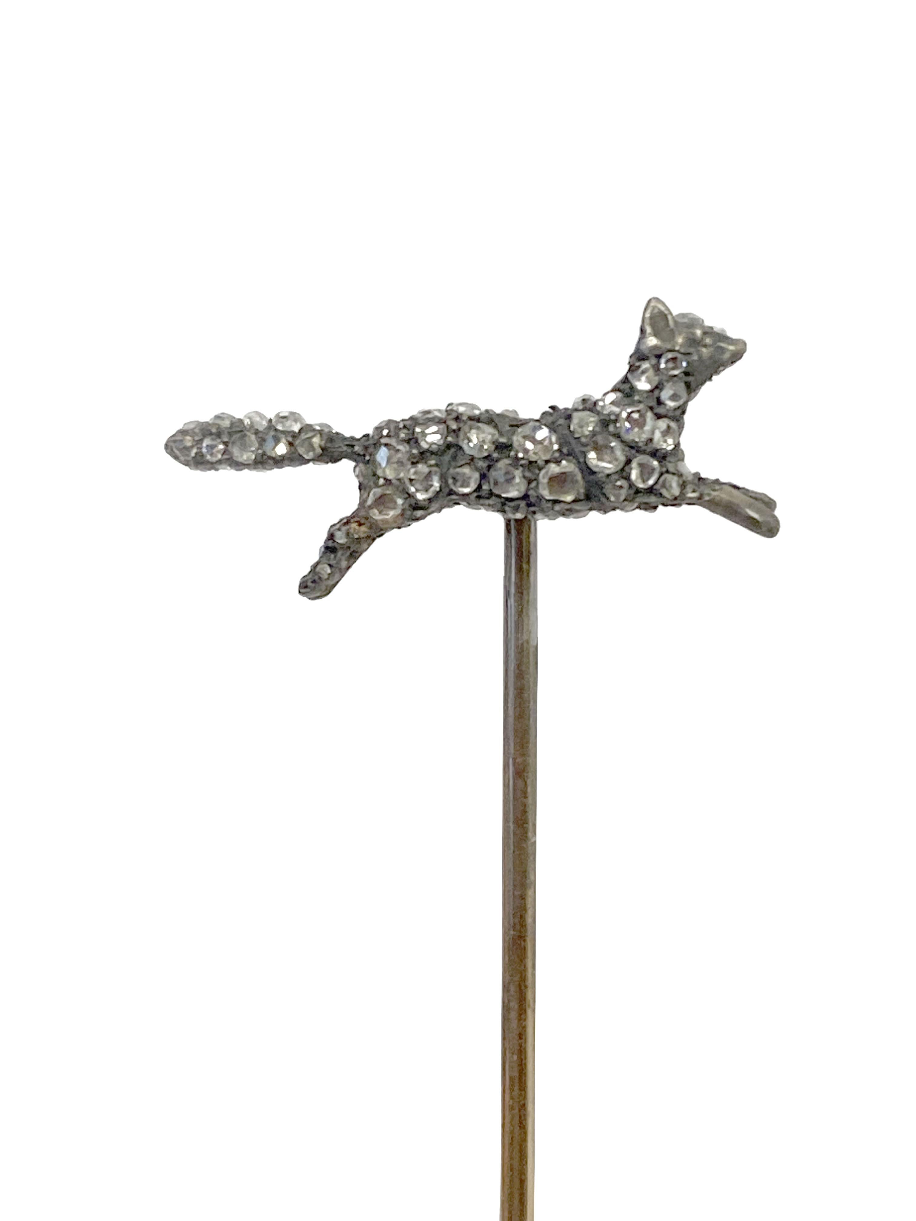 Circa 1900 Tiffany & Company 2 sided Fox Stick Pin, the Fox measures 3/4 inch in length is Silver and is set with Rose cut Diamonds on both sides, Yellow gold pin measuring 2 5/8 inches in length. 