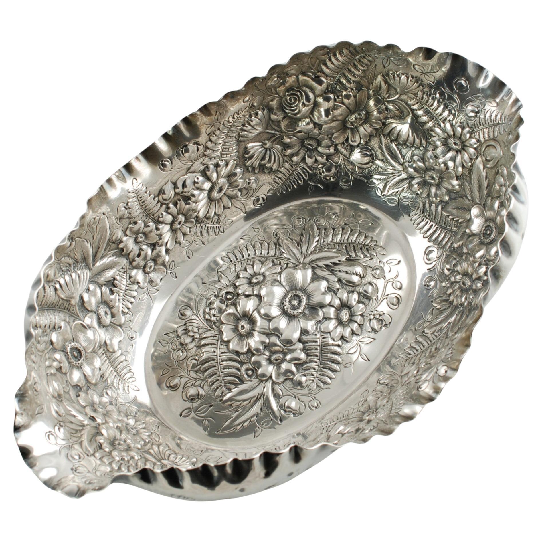 Antique Tiffany & Company Sterling Silver Fern and Flowers Repousse Bowl