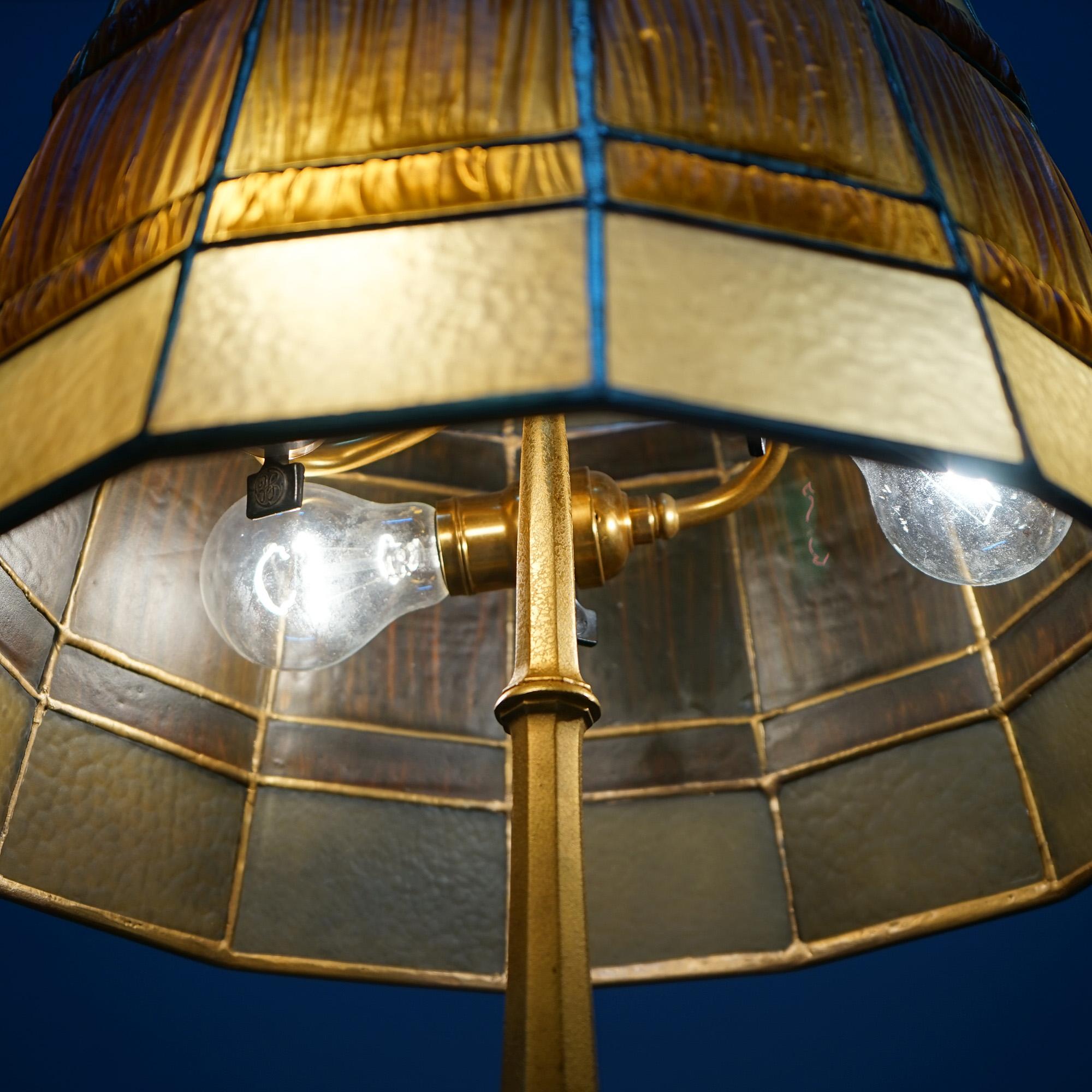 Antique Tiffany Dore Bronze & Favrile Gold Linen Fold Art Glass Table Lamp C1920 3