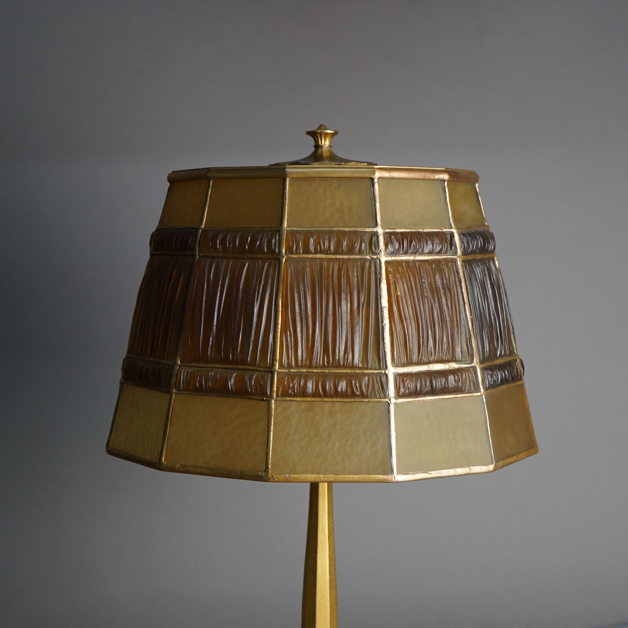 Antique Tiffany Dore Bronze & Favrile Gold Linen Fold Art Glass Table Lamp C1920 5