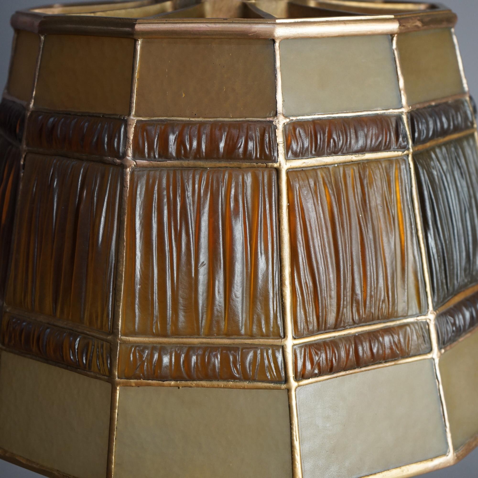 Antique Tiffany Dore Bronze & Favrile Gold Linen Fold Art Glass Table Lamp C1920 8