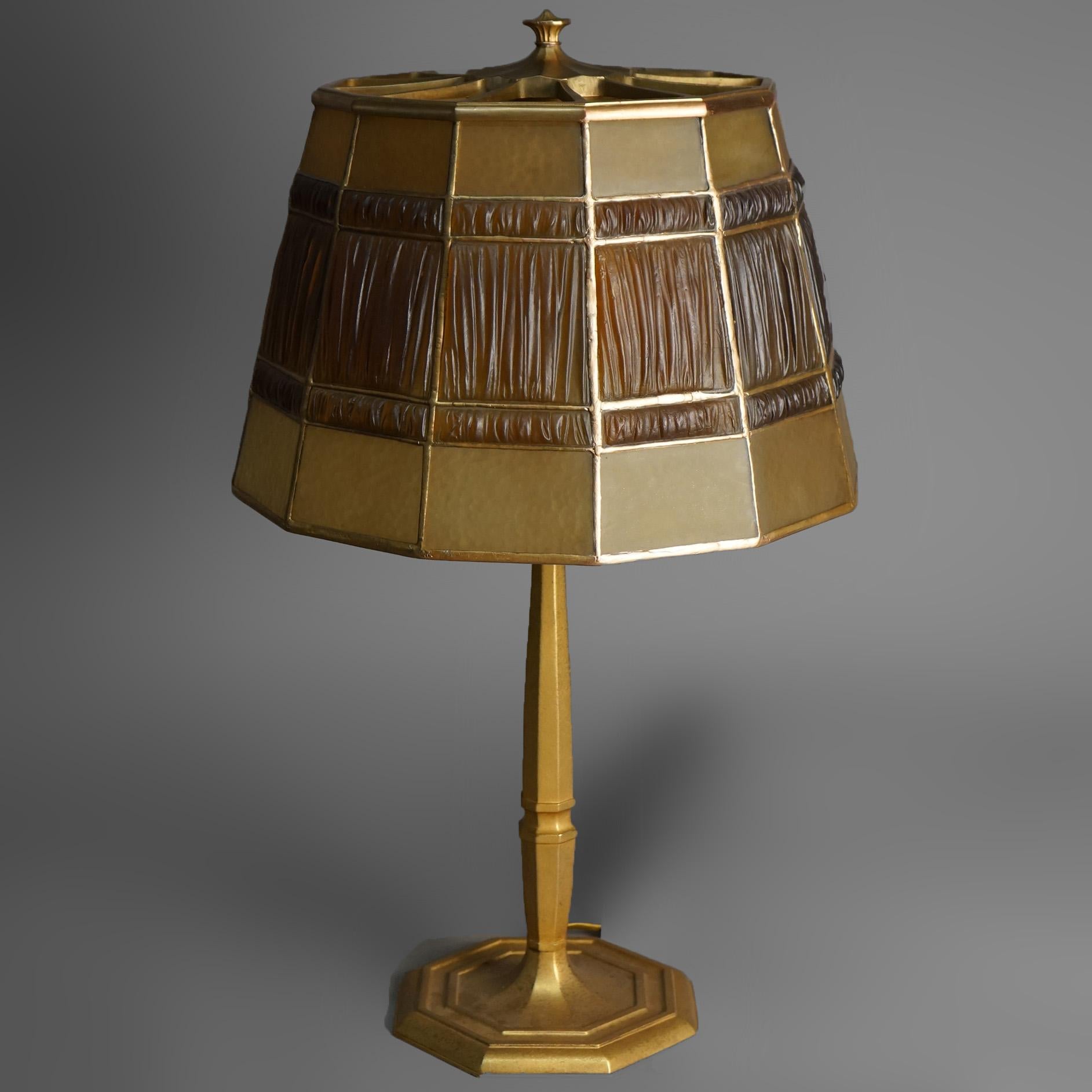 American Antique Tiffany Dore Bronze & Favrile Gold Linen Fold Art Glass Table Lamp C1920