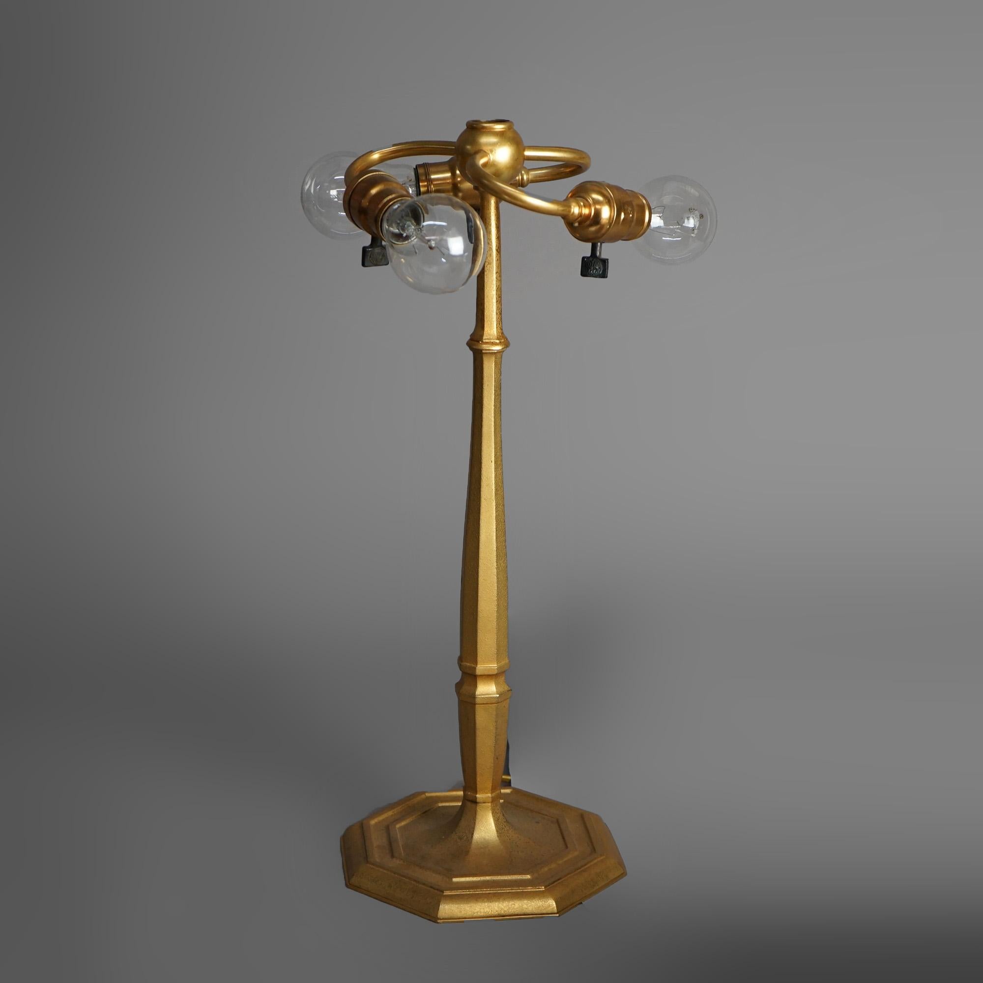 Cast Antique Tiffany Dore Bronze & Favrile Gold Linen Fold Art Glass Table Lamp C1920