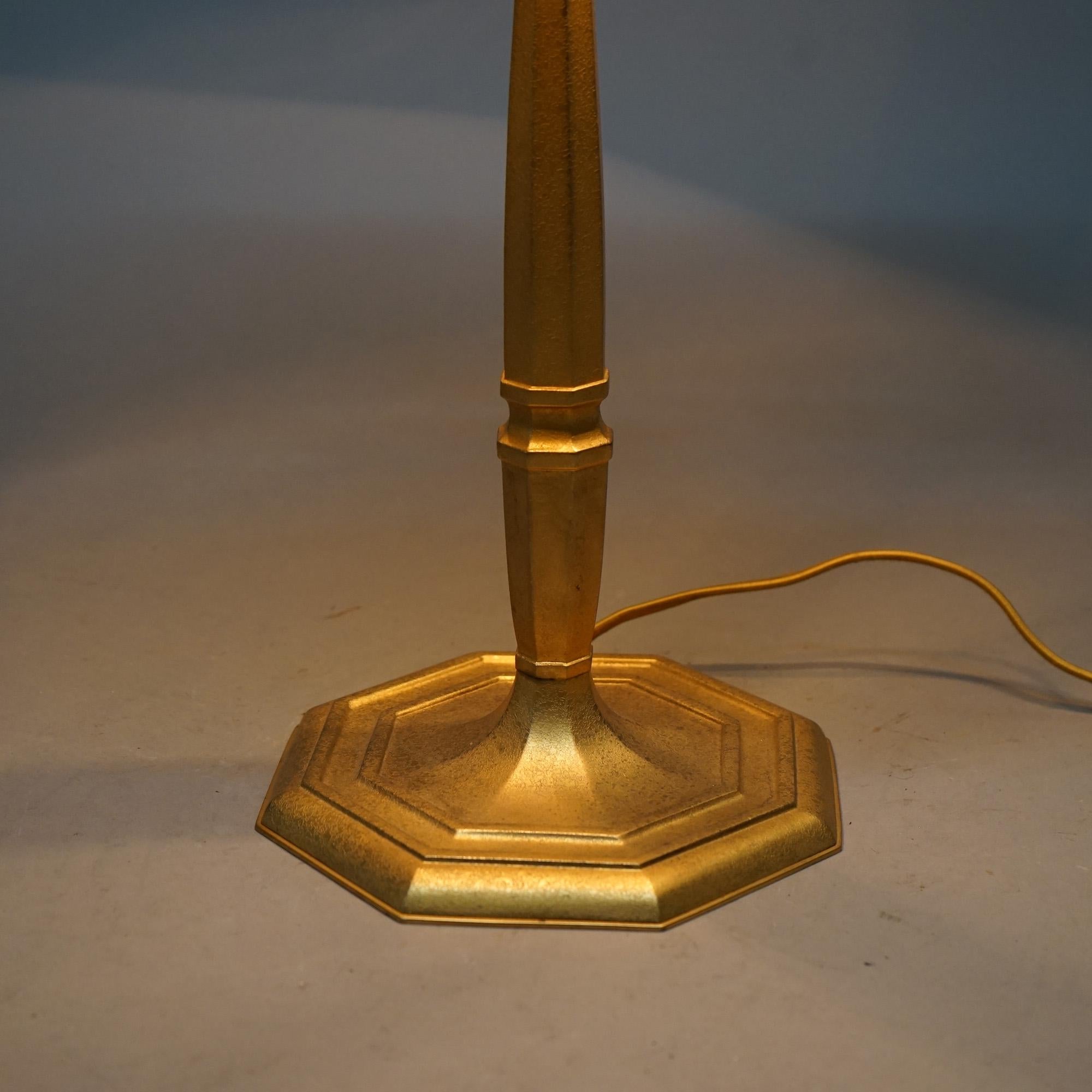 Antique Tiffany Dore Bronze & Favrile Gold Linen Fold Art Glass Table Lamp C1920 In Good Condition In Big Flats, NY