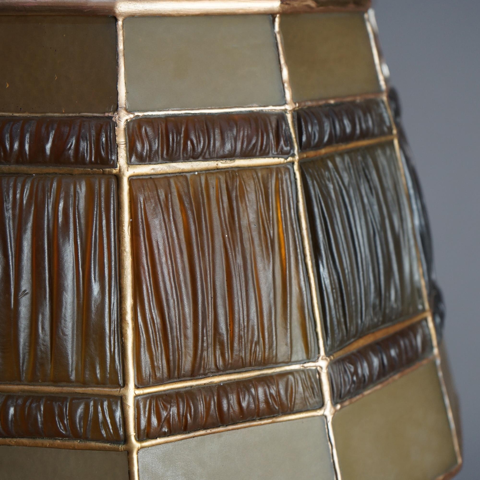20th Century Antique Tiffany Dore Bronze & Favrile Gold Linen Fold Art Glass Table Lamp C1920