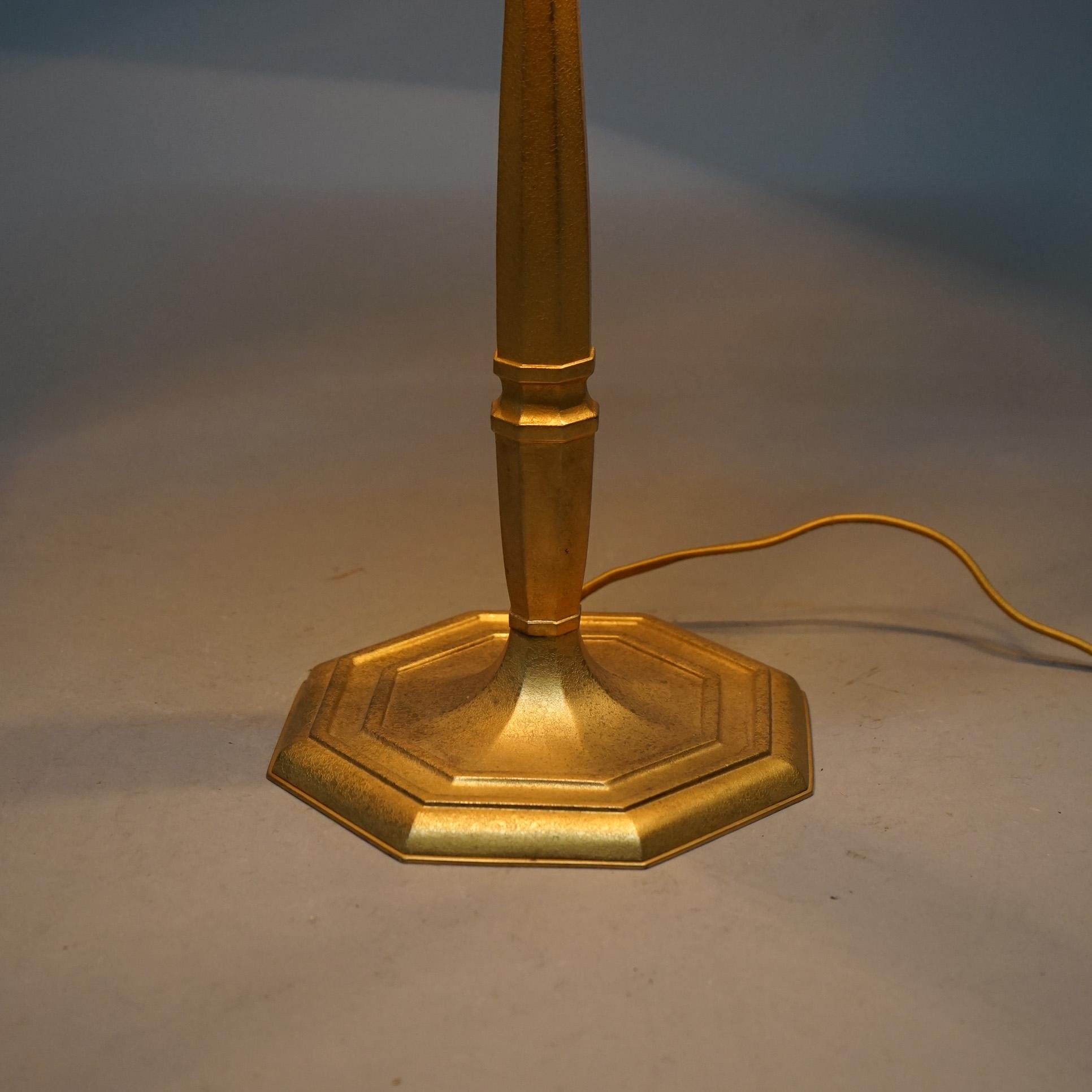 Antique Tiffany Dore Bronze & Favrile Gold Linen Fold Art Glass Table Lamp C1920 1