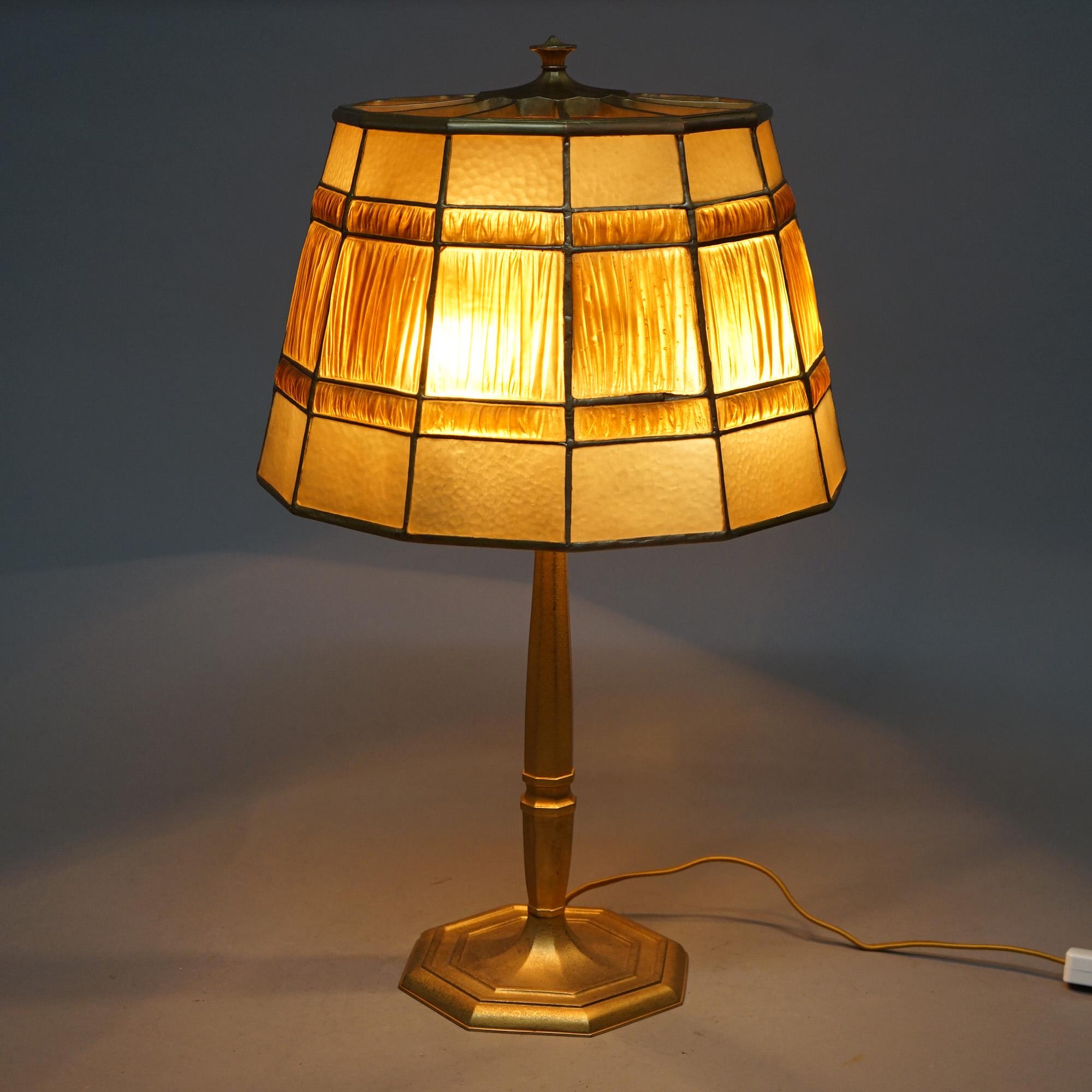Antique Tiffany Dore Bronze & Favrile Gold Linen Fold Art Glass Table Lamp C1920 2
