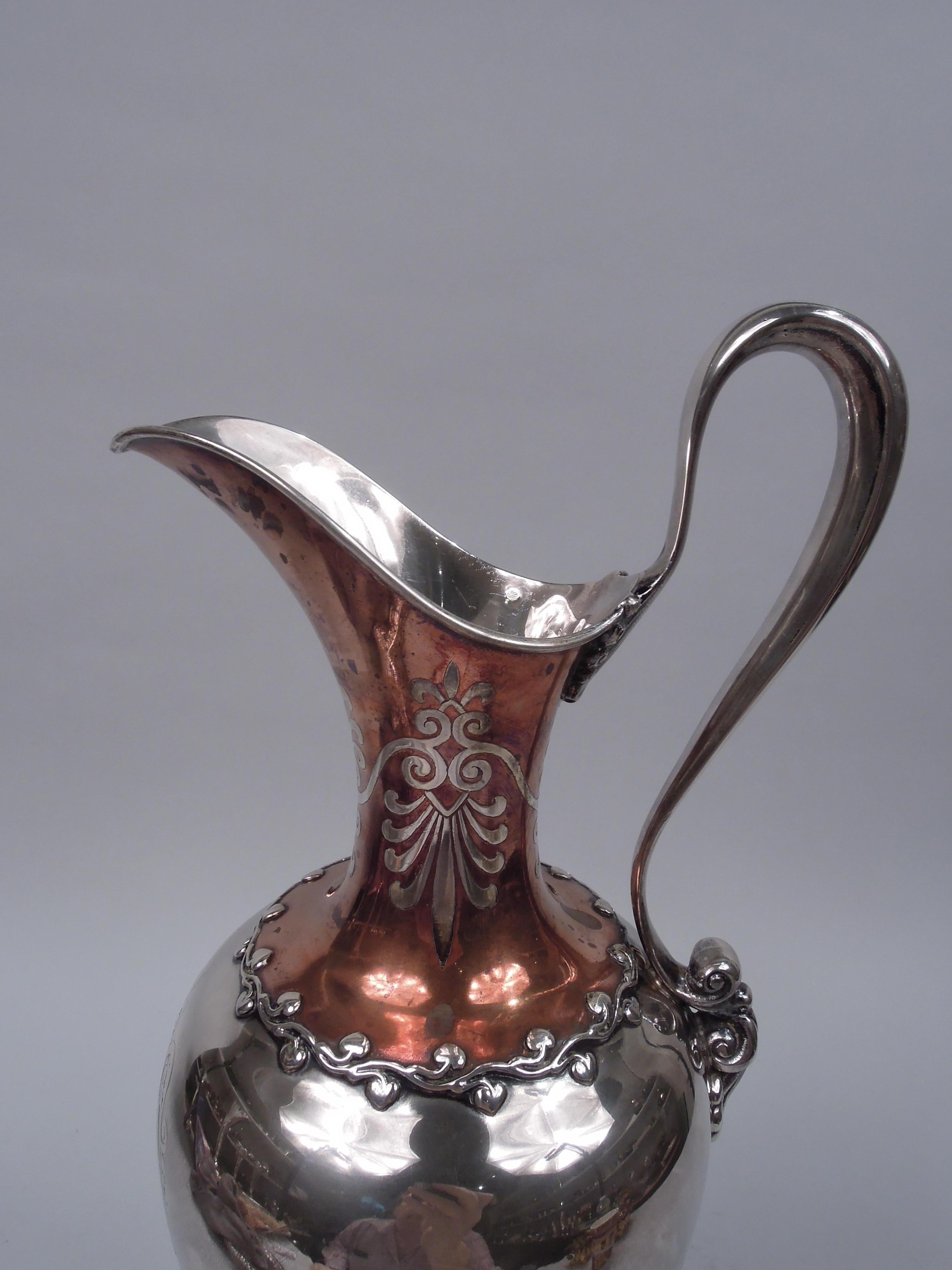 American Antique Tiffany Edwardian Classical Mixed Metal Sterling Silver Ewer For Sale