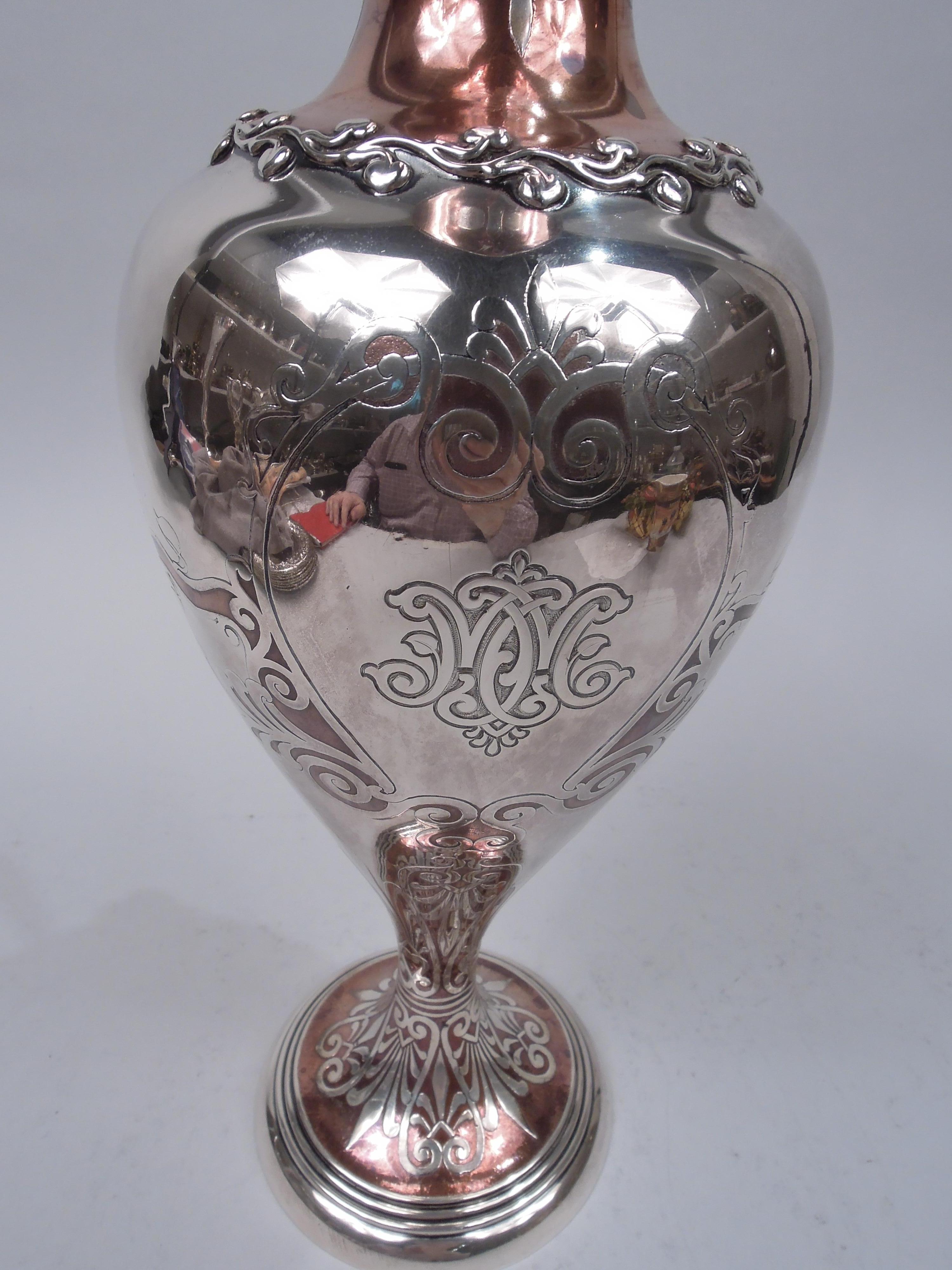 Early 20th Century Antique Tiffany Edwardian Classical Mixed Metal Sterling Silver Ewer For Sale