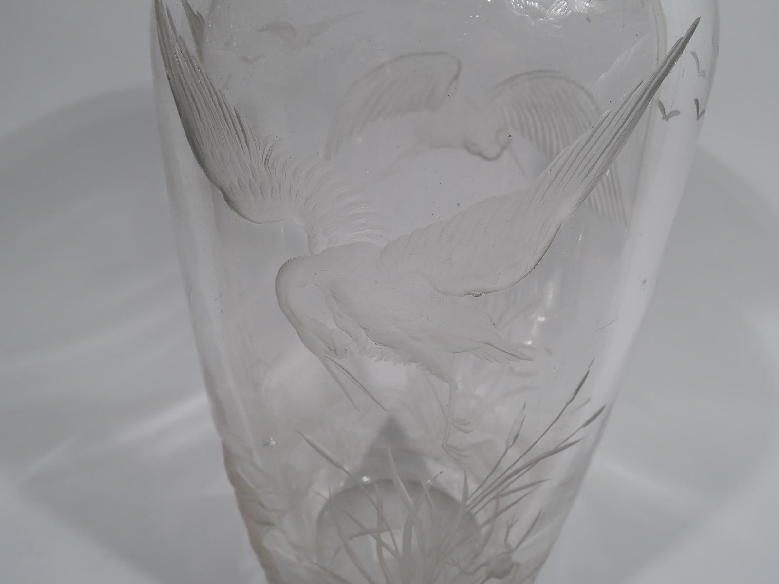 American Antique Tiffany Edwardian Glass and Sterling Silver Bird and Cattails Vase