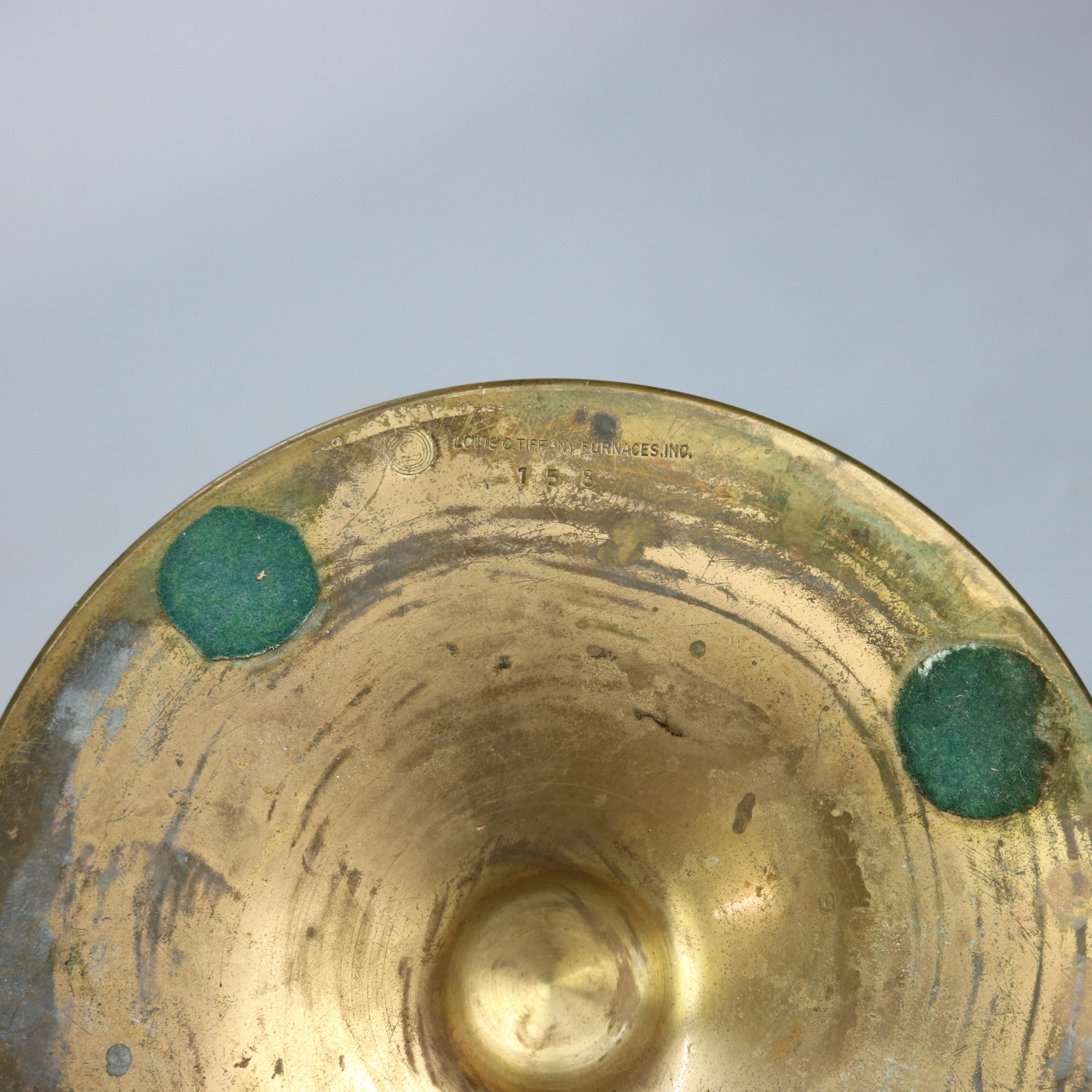 Antique Tiffany Favrile Art Glass Trumpet Vase in Bronze Base, Circa 1920 3