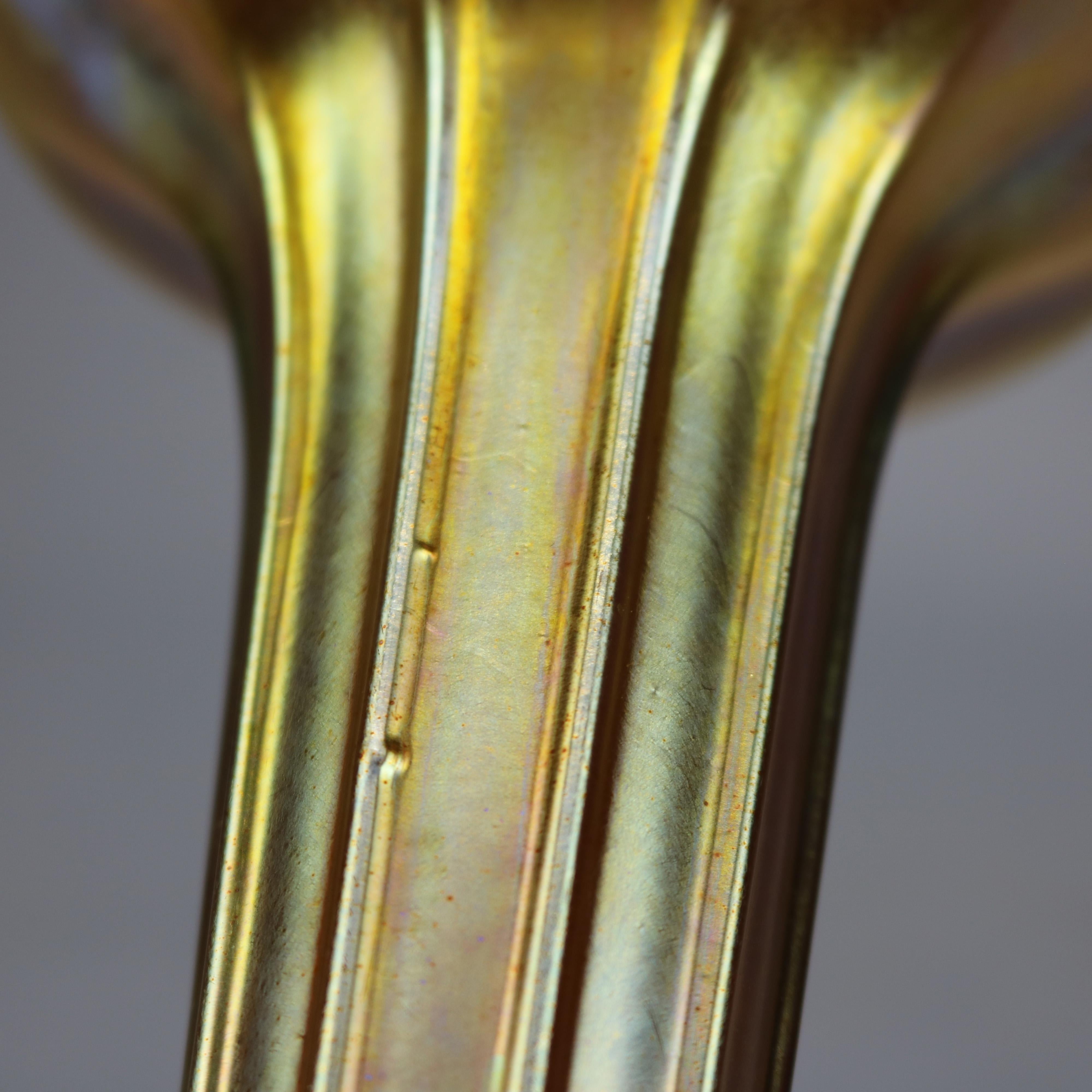 Antique Tiffany Favrile Art Glass Trumpet Vase in Bronze Base, Circa 1920 7