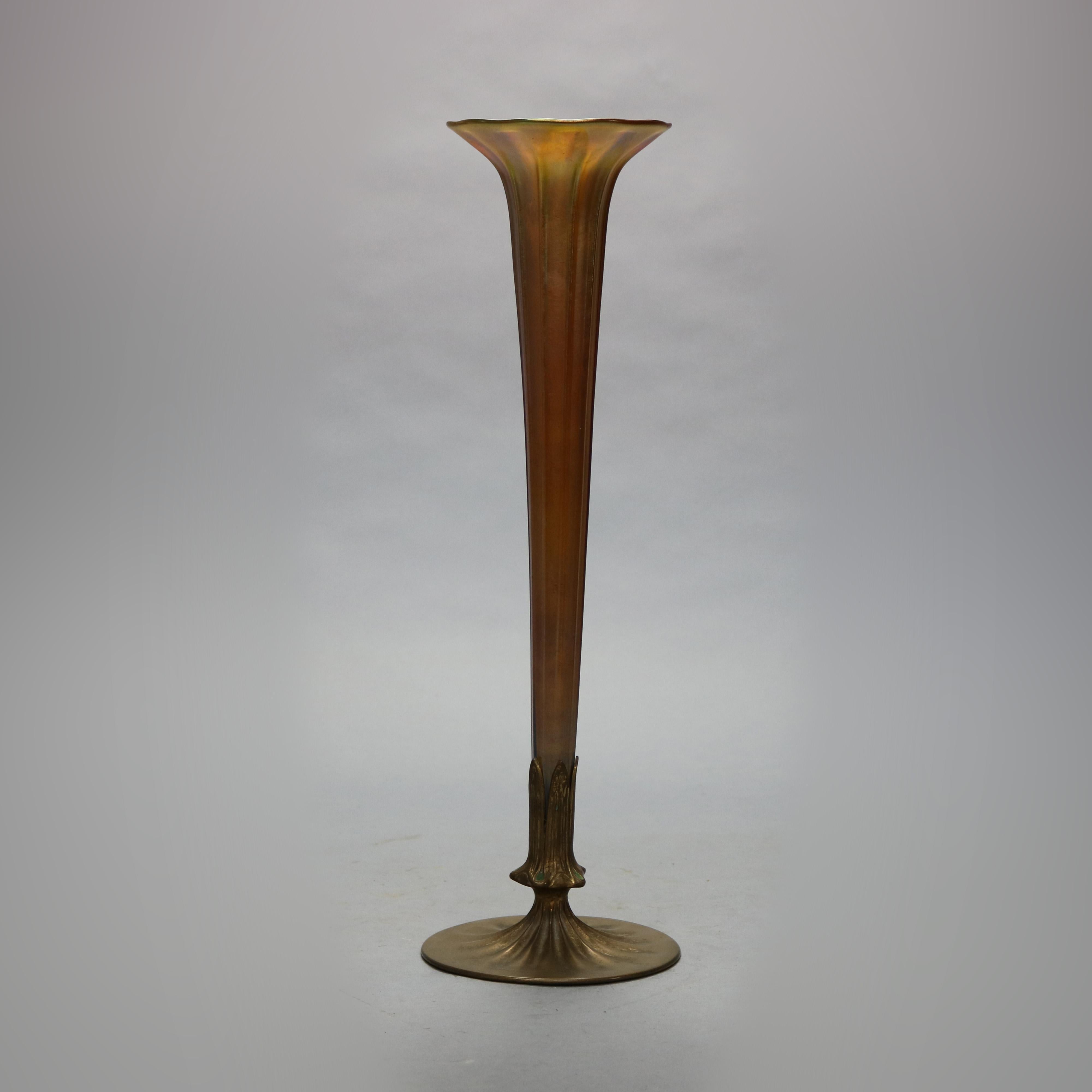Art Nouveau Antique Tiffany Favrile Art Glass Trumpet Vase in Bronze Base, Circa 1920