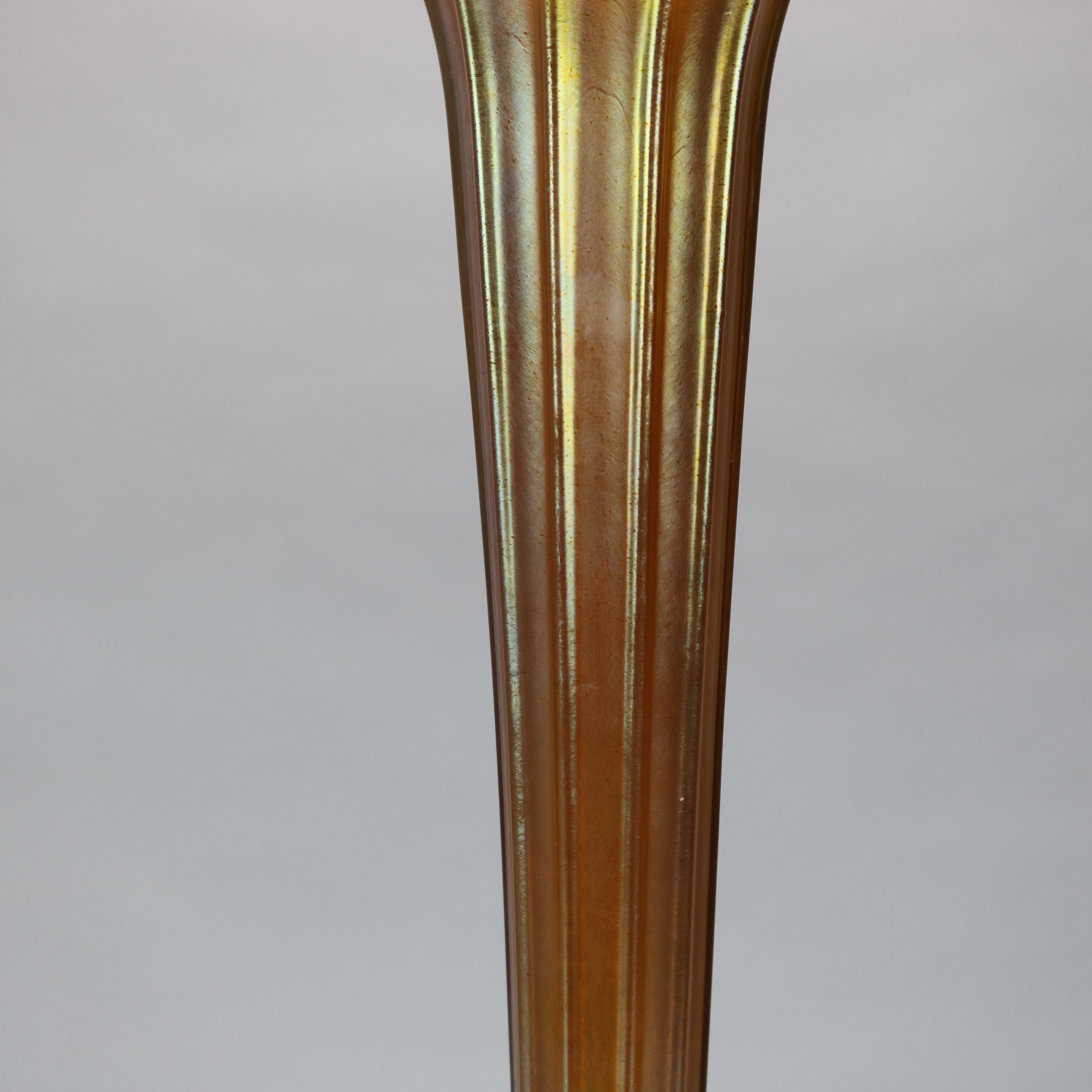 American Antique Tiffany Favrile Art Glass Trumpet Vase in Bronze Base, Circa 1920