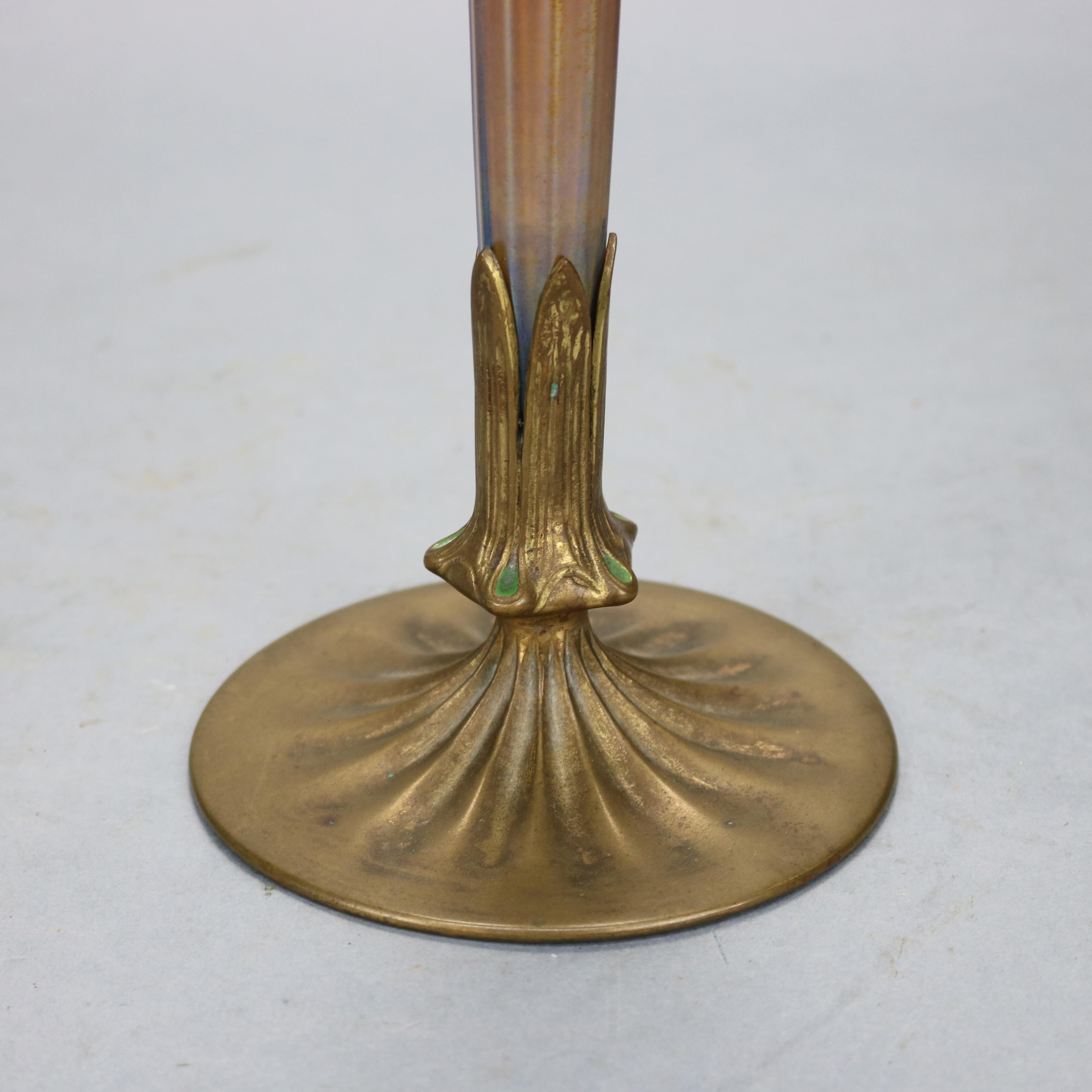 Cast Antique Tiffany Favrile Art Glass Trumpet Vase in Bronze Base, Circa 1920