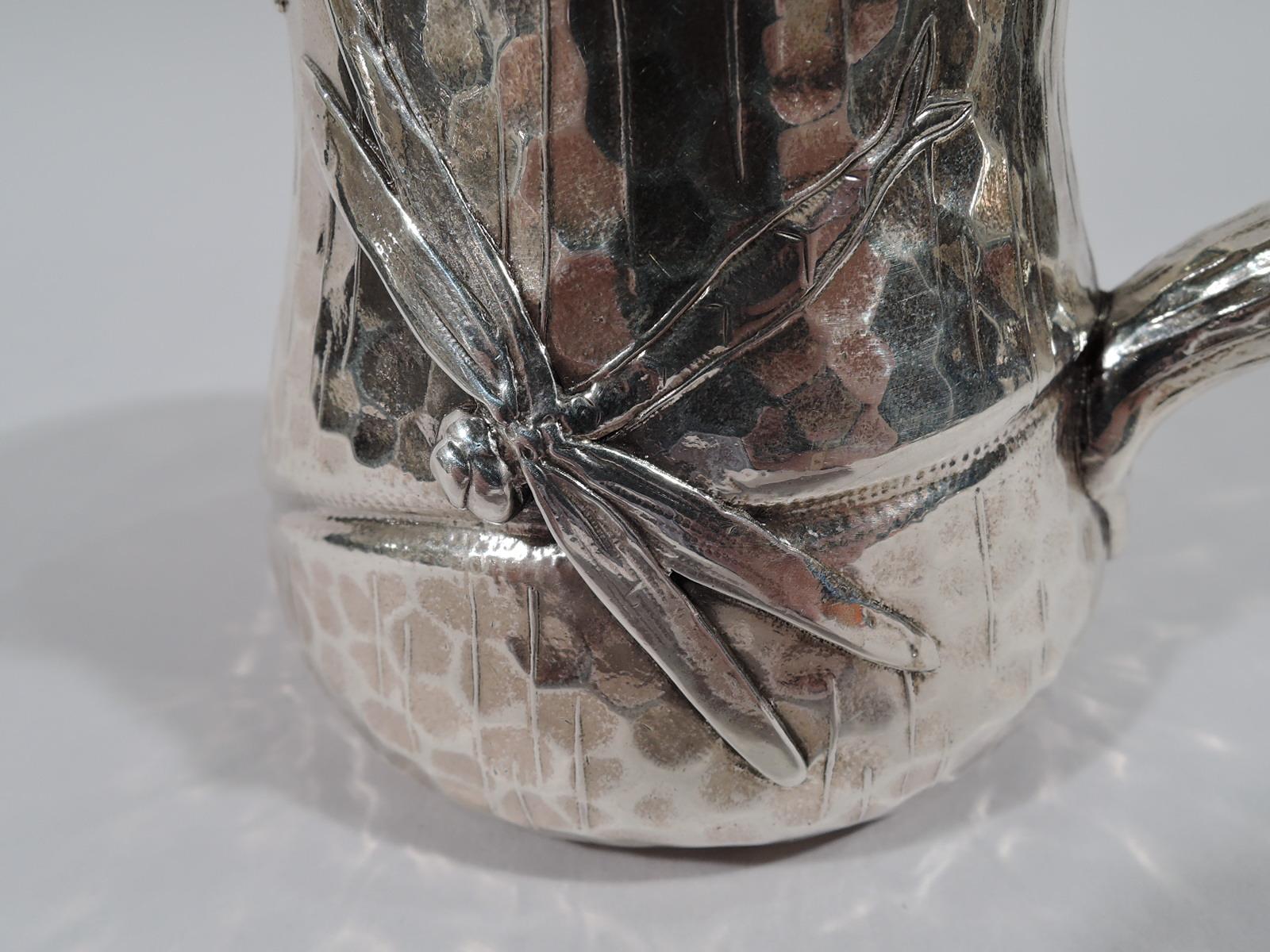 Antique Tiffany Japonesque Applied Sterling Silver Dragonfly Mug In Excellent Condition In New York, NY