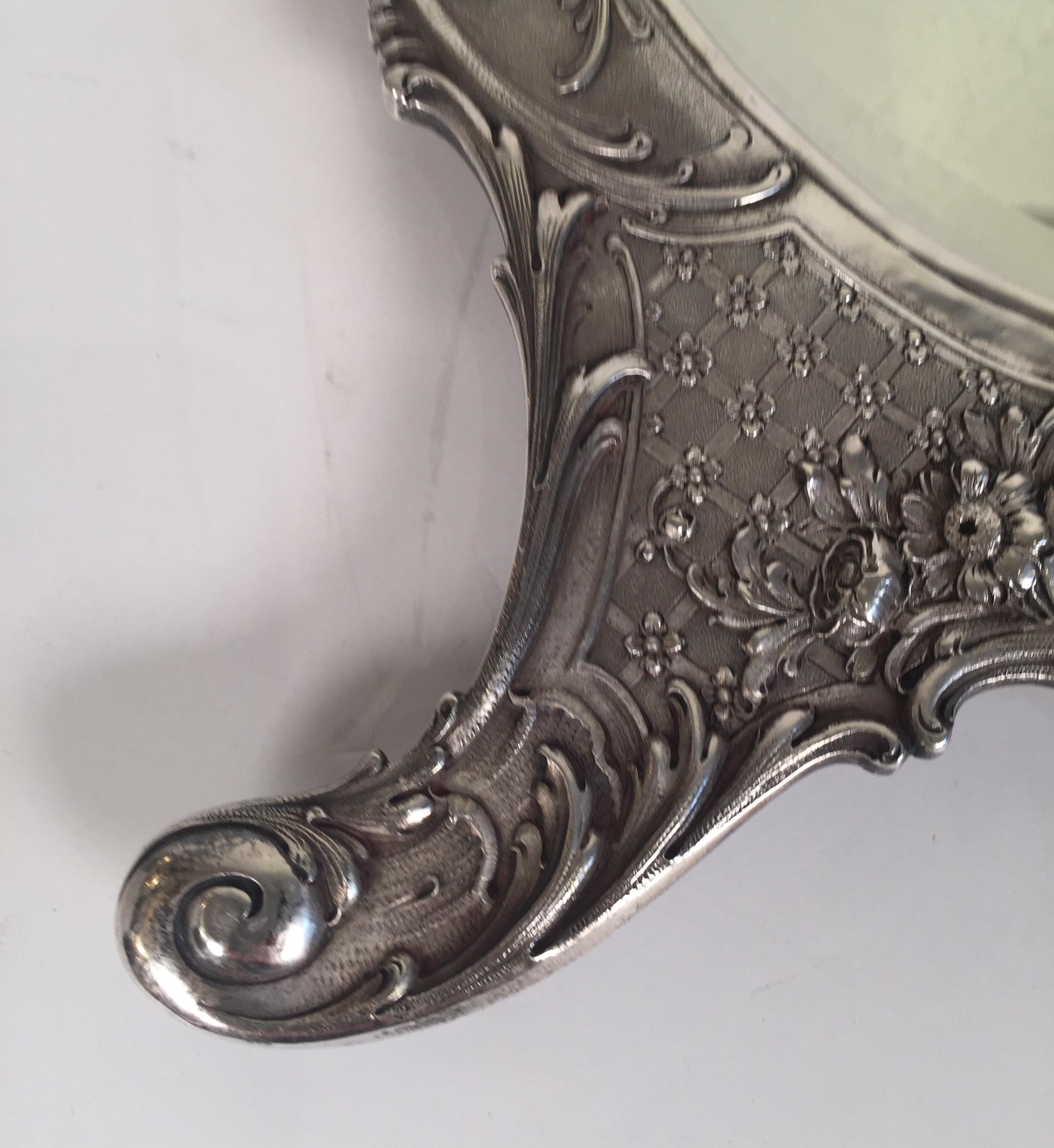 Antique Tiffany Repousse Sterling Silver Standing Vanity Mirror, circa 1900 5