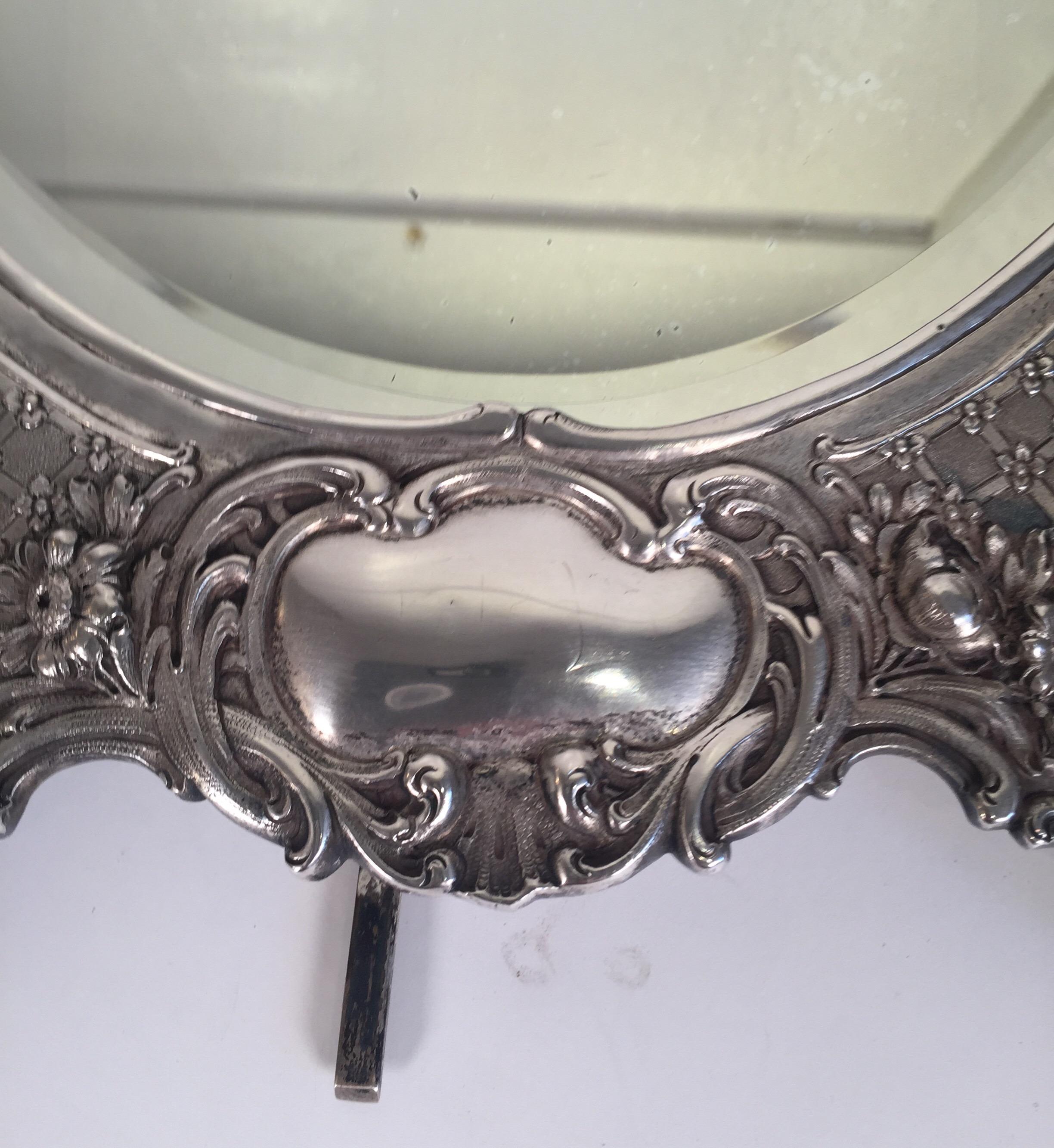 Antique Tiffany Repousse Sterling Silver Standing Vanity Mirror, circa 1900 6