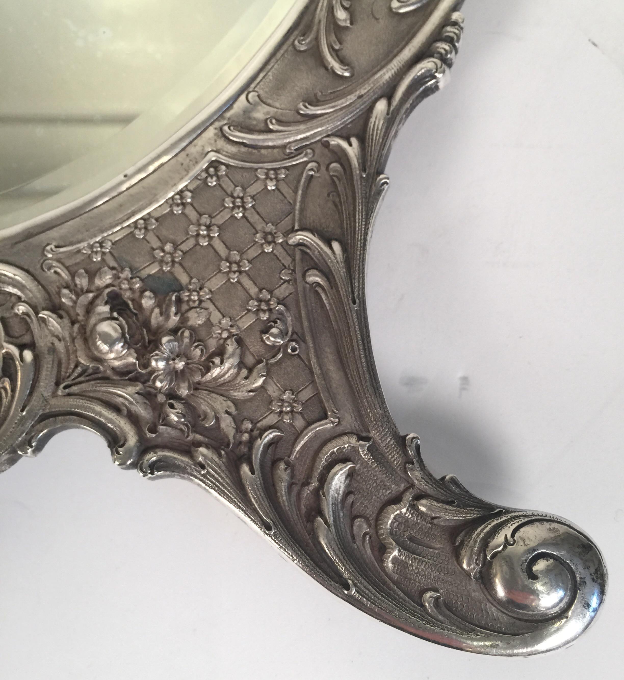 Antique Tiffany Repousse Sterling Silver Standing Vanity Mirror, circa 1900 7