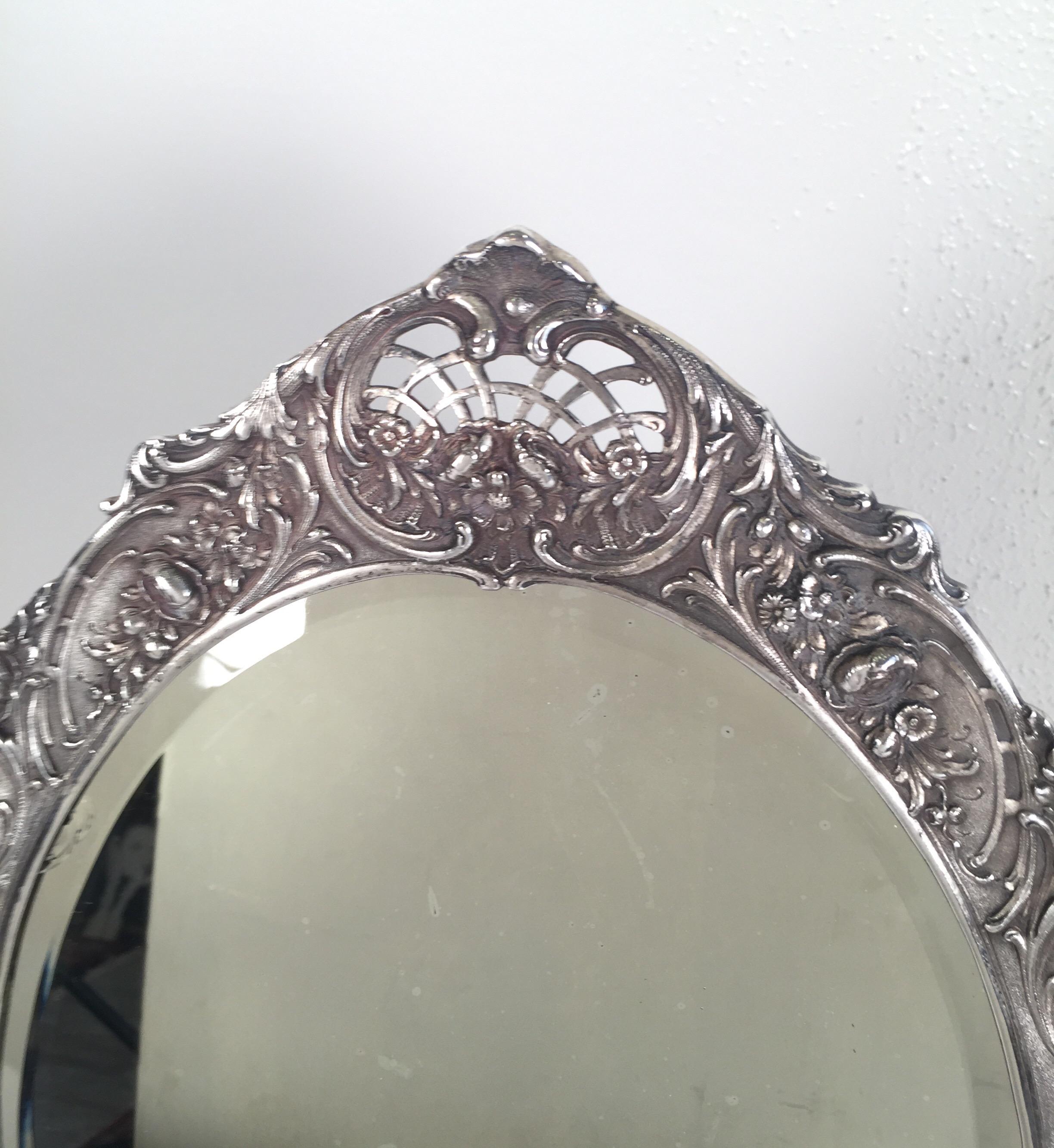 German Antique Tiffany Repousse Sterling Silver Standing Vanity Mirror, circa 1900