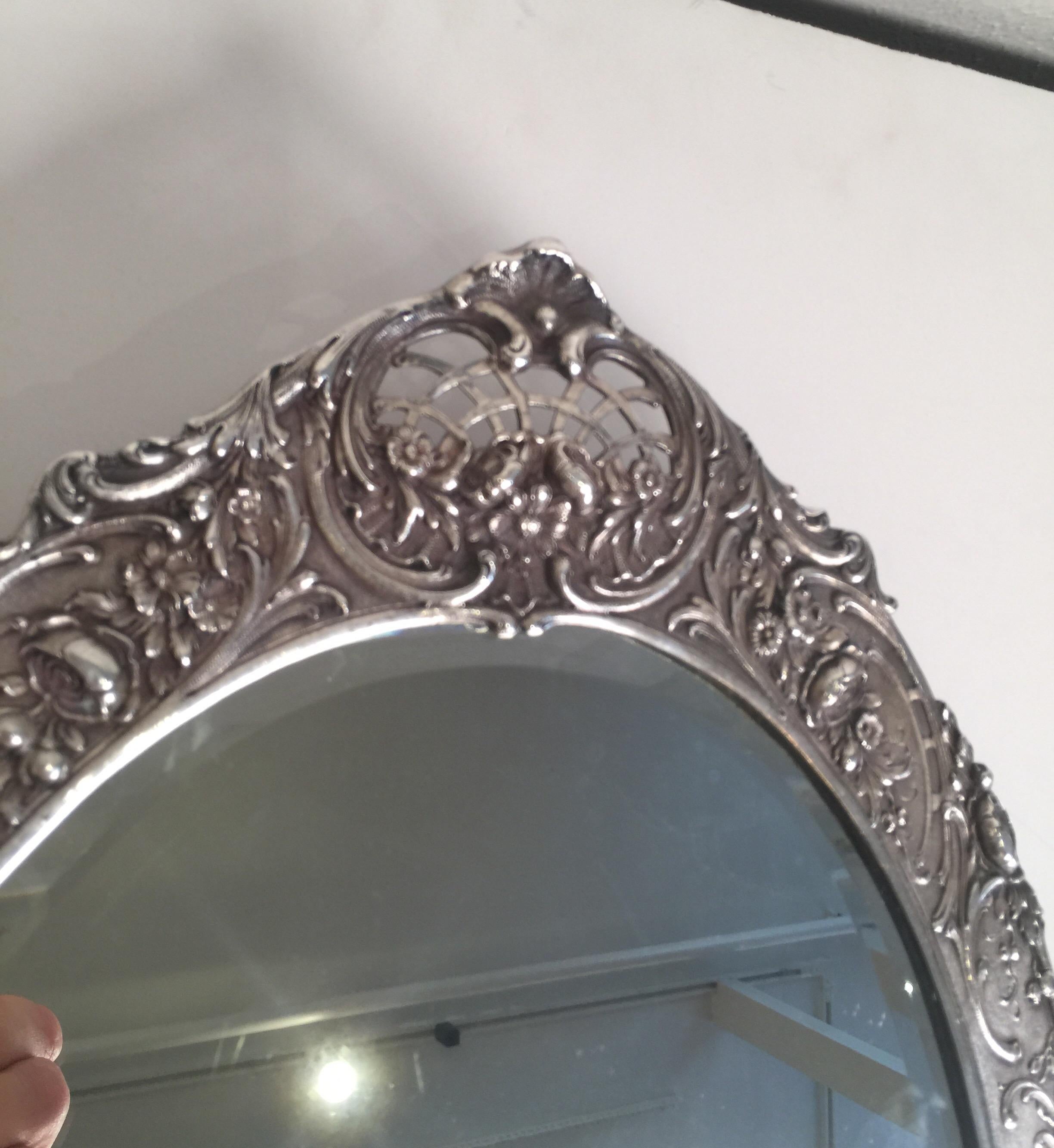 Antique Tiffany Repousse Sterling Silver Standing Vanity Mirror, circa 1900 In Good Condition In Lambertville, NJ