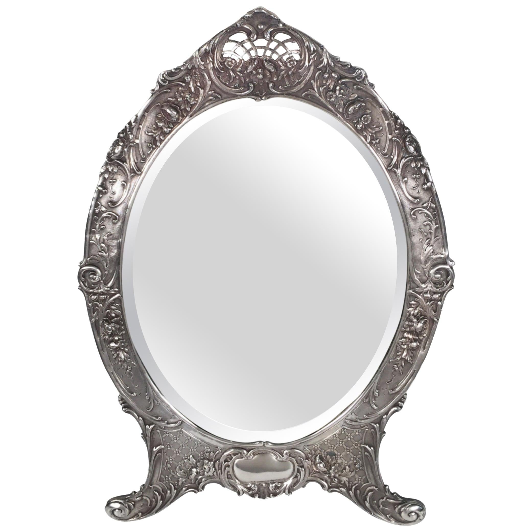 Antique Tiffany Repousse Sterling Silver Standing Vanity Mirror, circa 1900