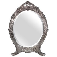Antique Tiffany Repousse Sterling Silver Standing Vanity Mirror, circa 1900
